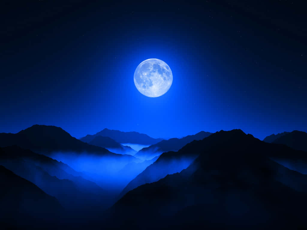 Blue Moon, misty mountains, silhouetted mountain peaks, SD Desktop Wallpaper