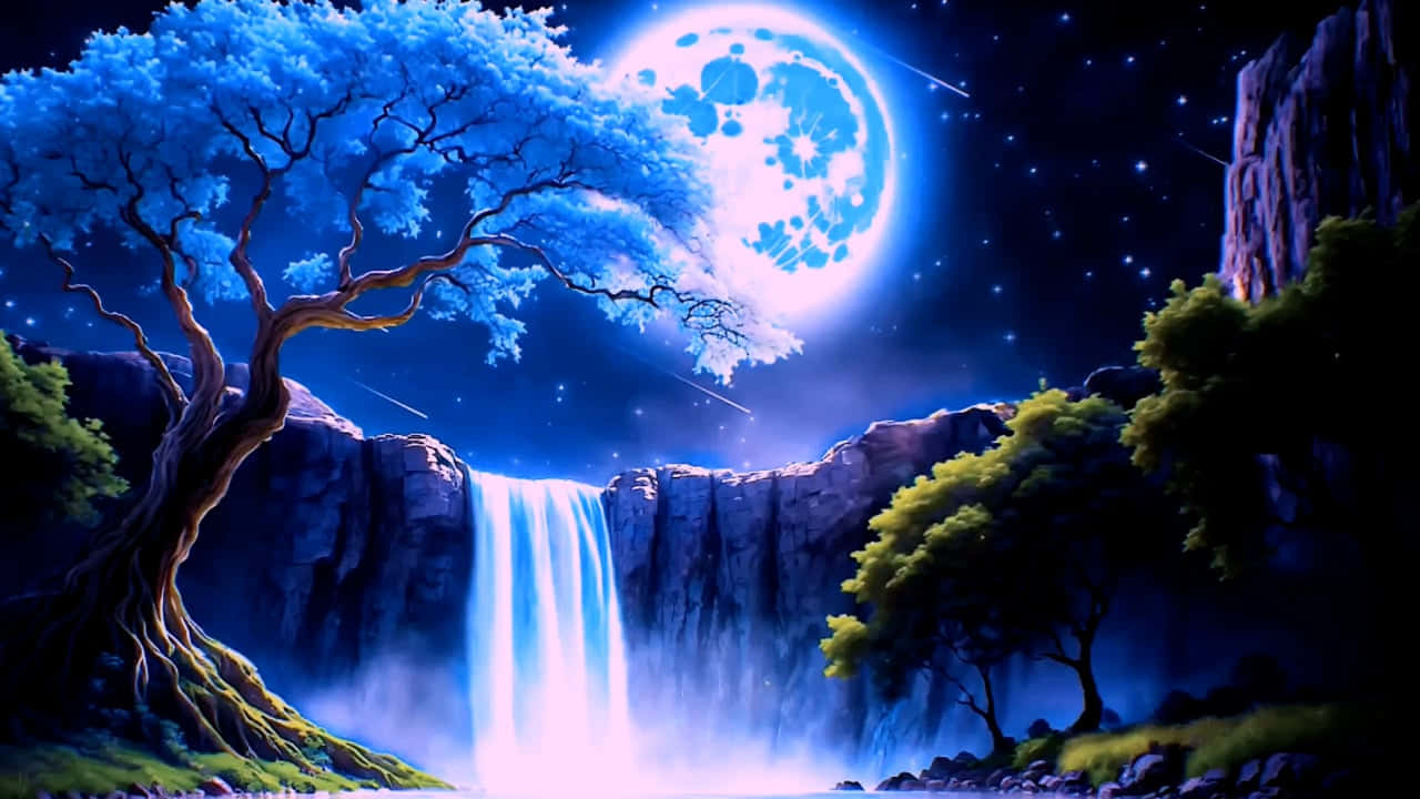 enchanted blue moon waterfall, blue tree, glowing waterfall, HD Desktop Wallpaper