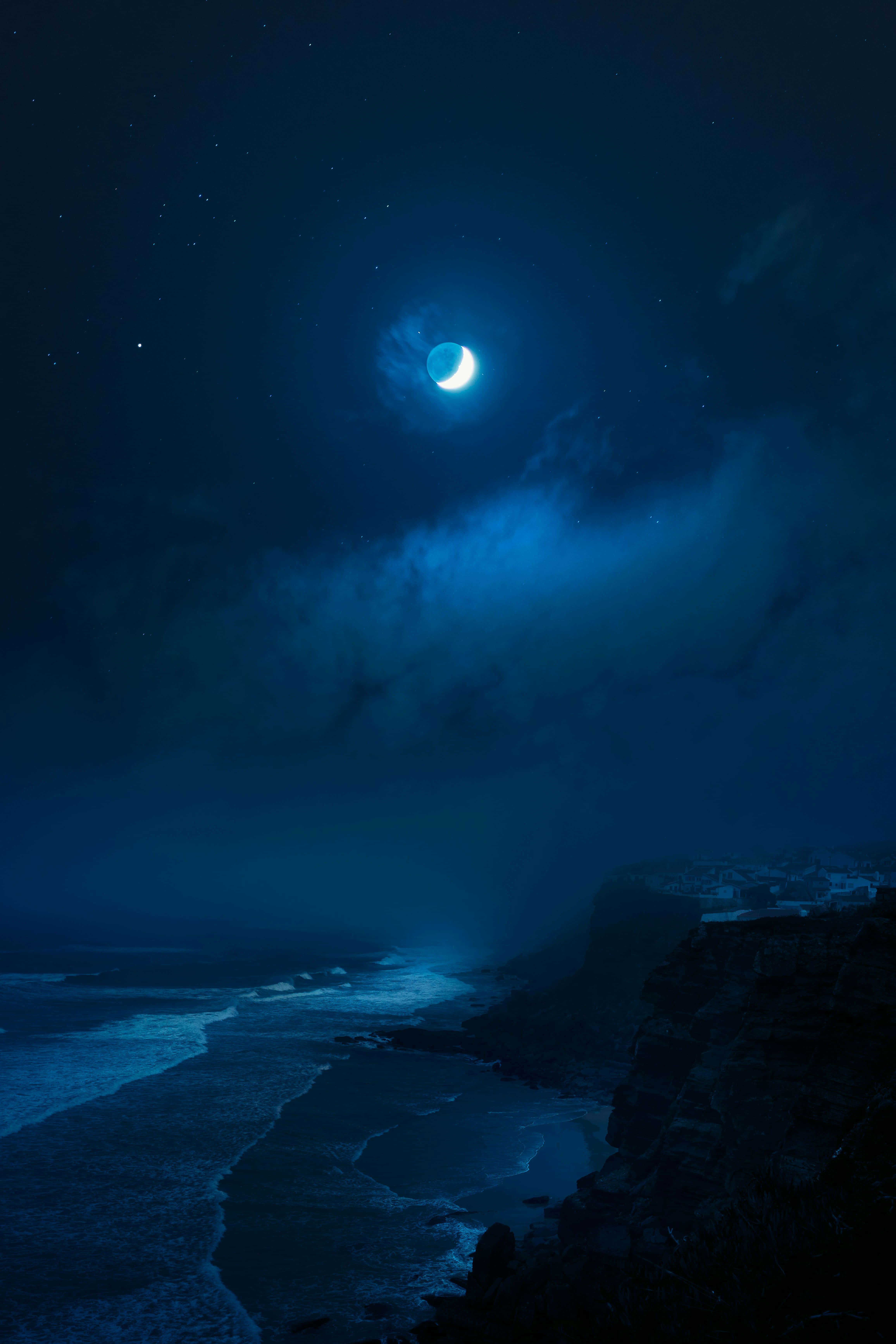 Blue Moon, coastline, night scene, 5K Phone Wallpaper