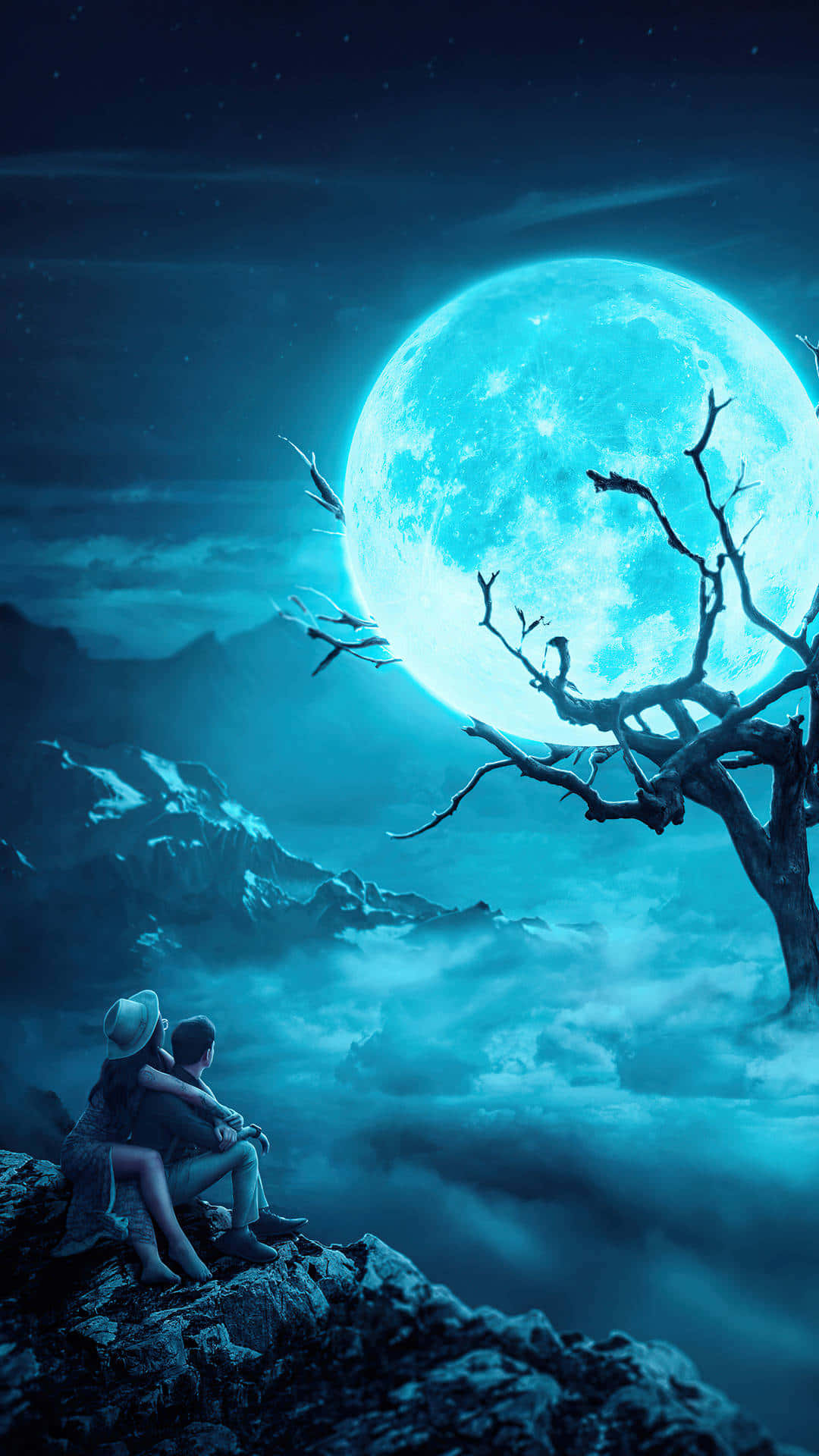 Blue Moon, couple, cliff edge, Full HD Phone Wallpaper