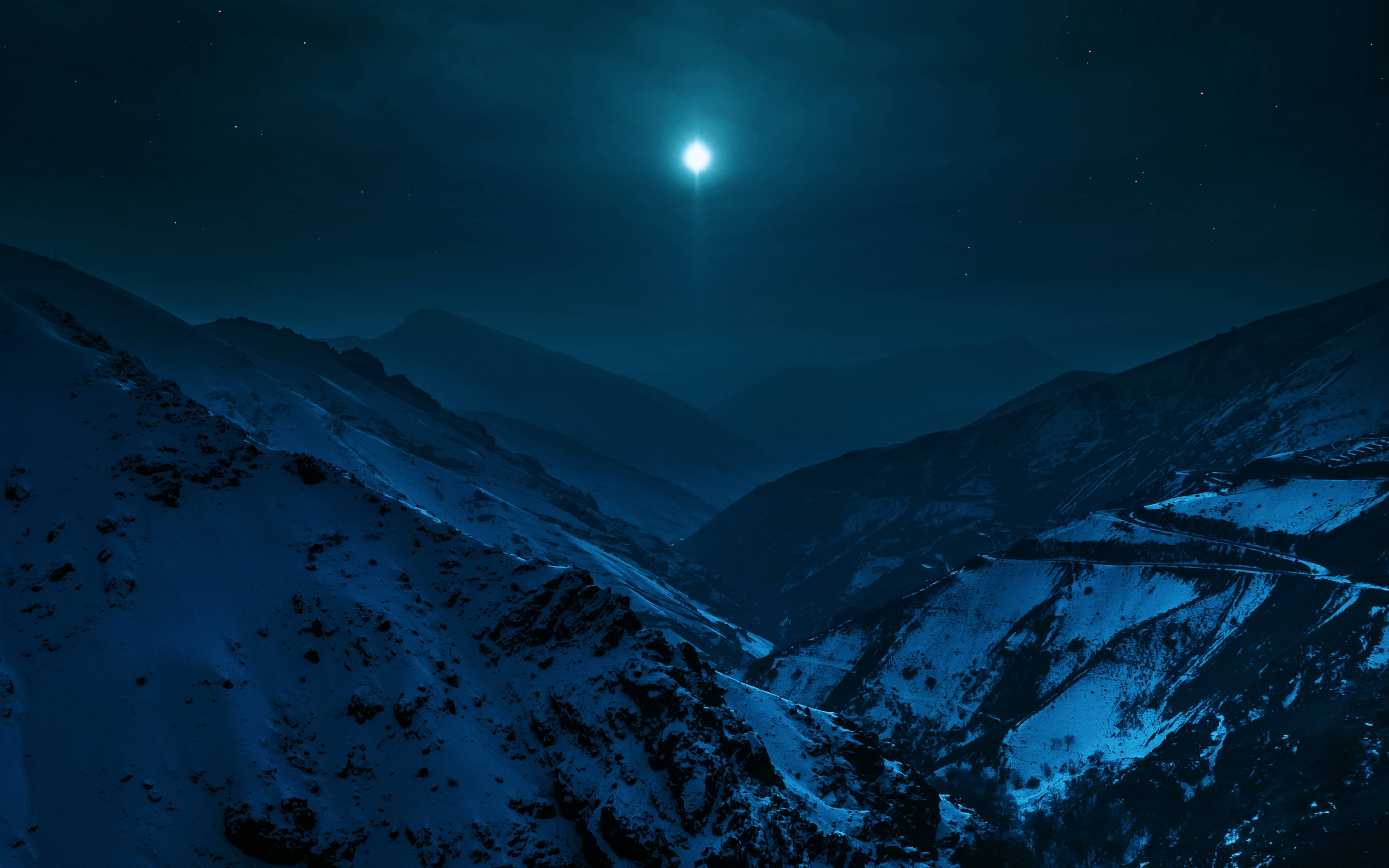 Blue Moon, snow covered mountain valley, bright moon, 4K Desktop Wallpaper