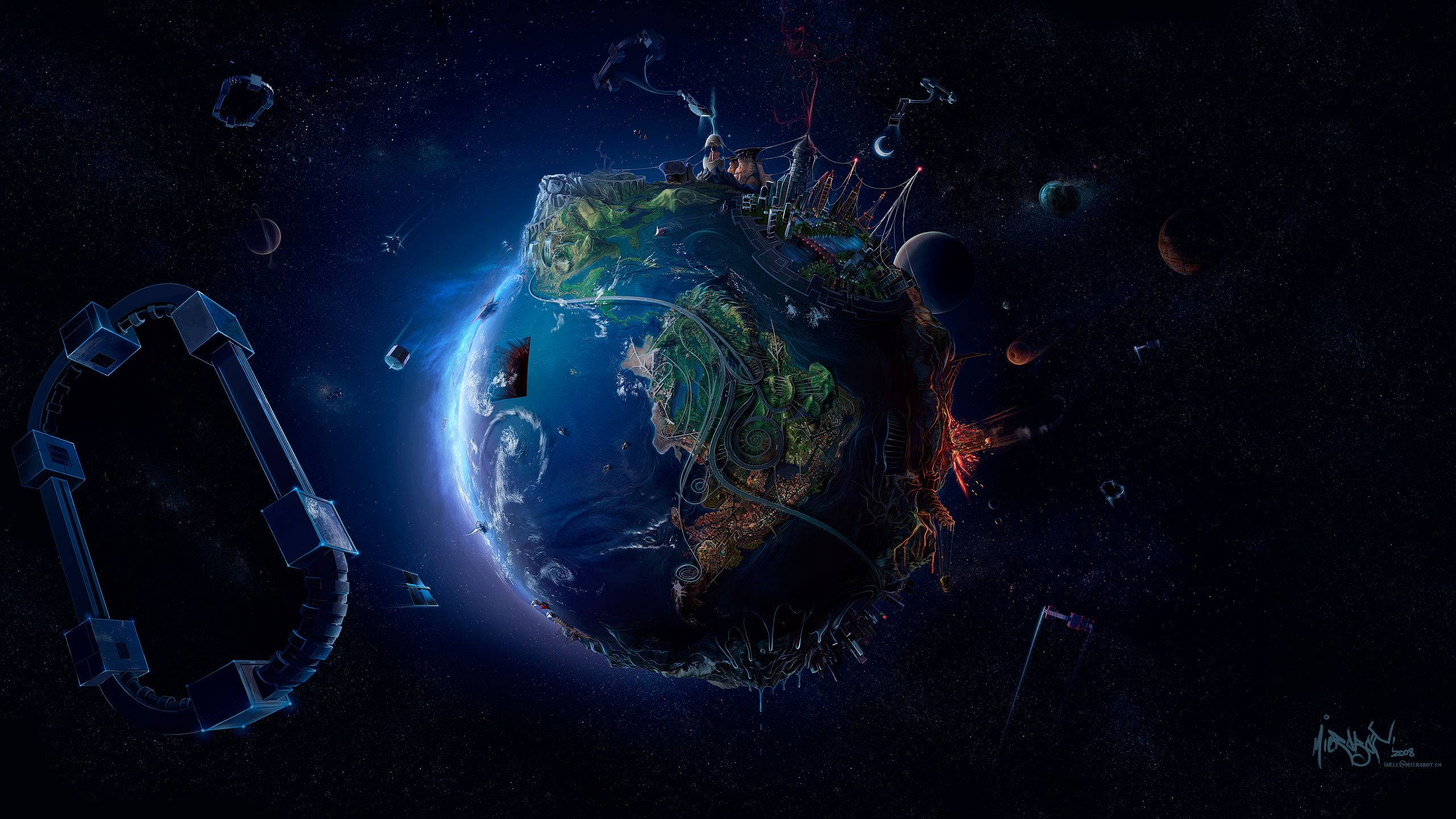 Blue Moon, Earth, glowing structures, 2K Desktop Wallpaper