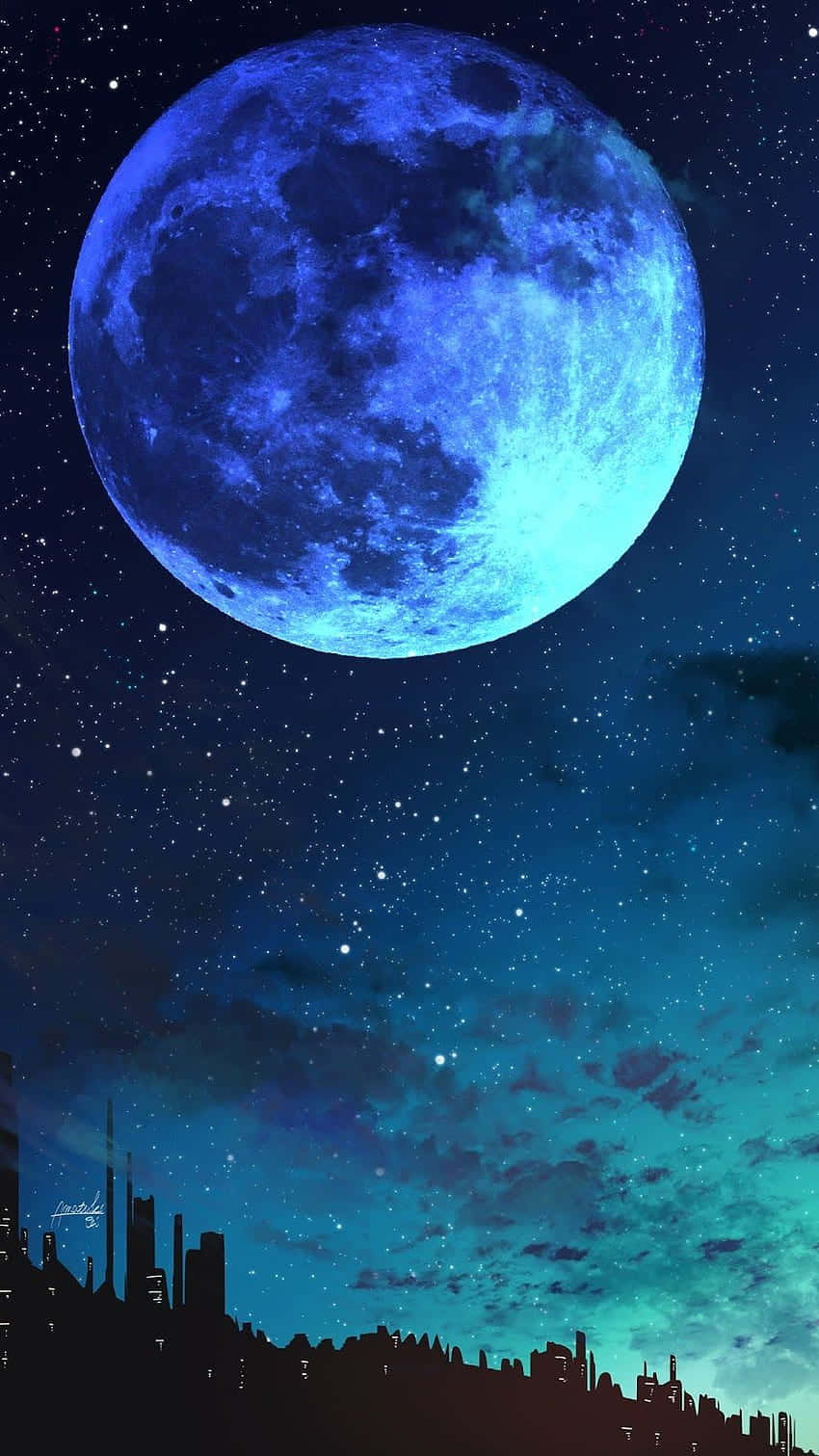 Blue Moon, cityscape, starry night sky, HD Phone Wallpaper