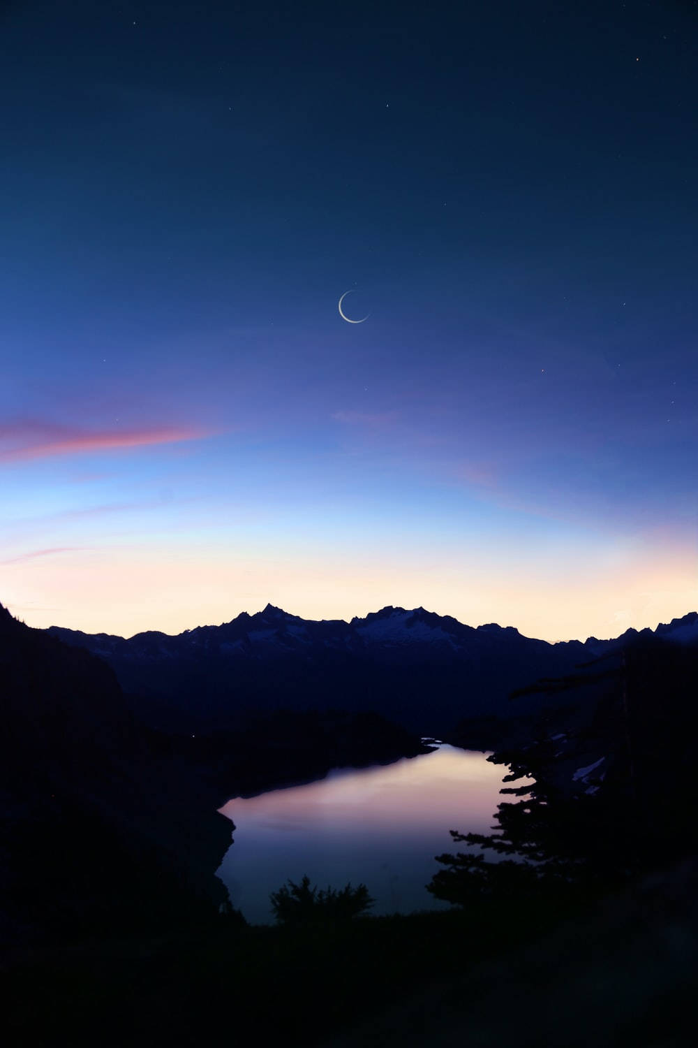 crescent moon, twilight mountain lake, starry sky, HD Phone Wallpaper