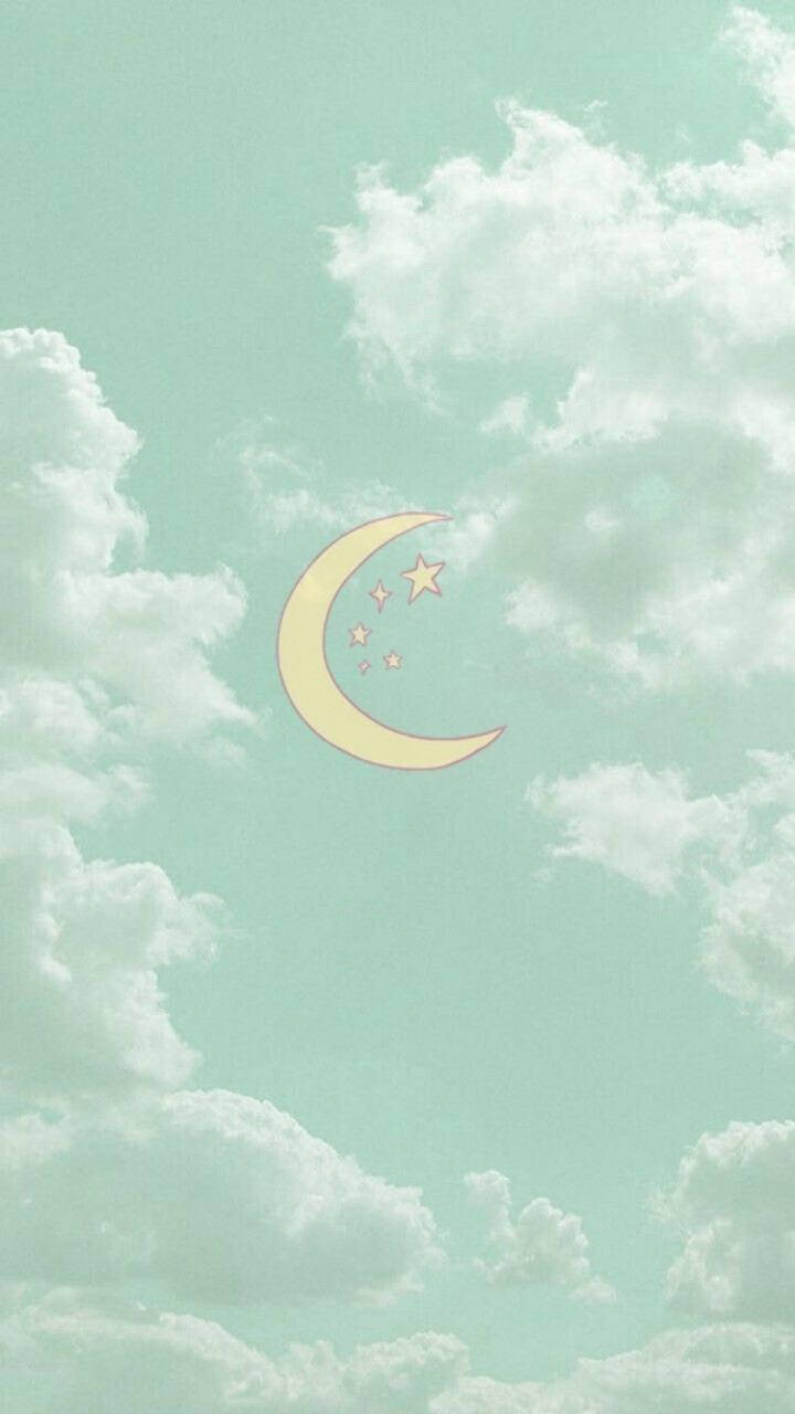 mint green aesthetic crescent moon, pastel mint sky, fluffy white clouds, HD Phone Wallpaper