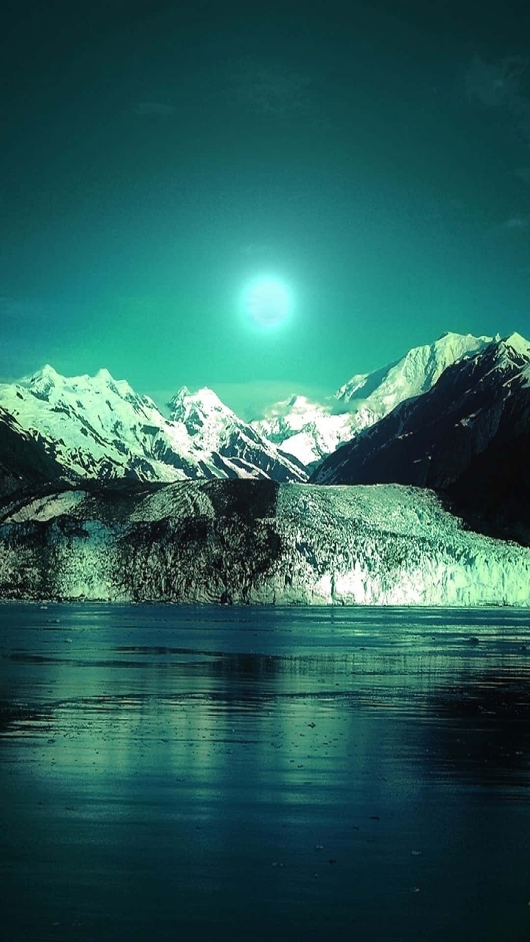 Blue Moon, teal moon, snowcapped mountains, Full HD Phone Wallpaper
