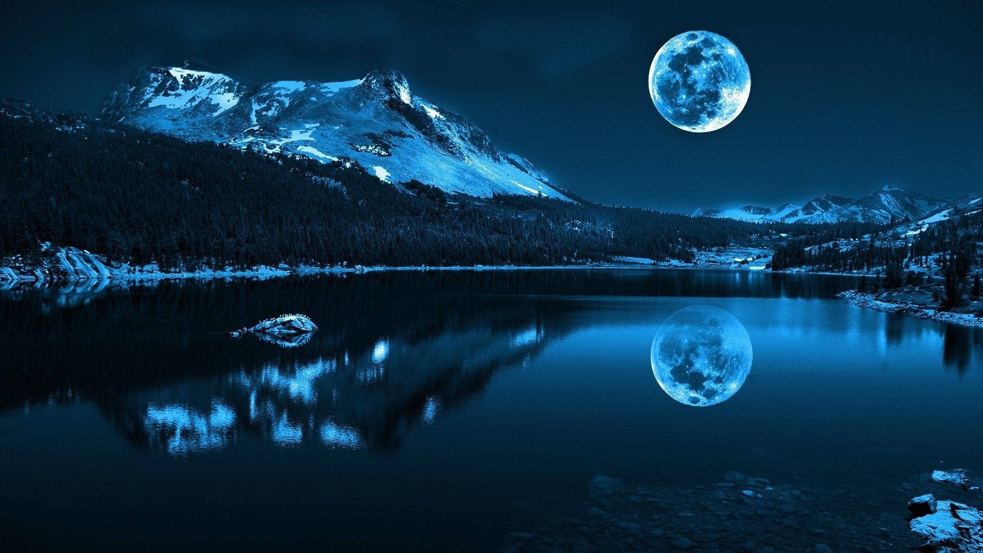 widescreen blue moon, glowing moon, snow-capped mountains, Full HD Desktop Wallpaper