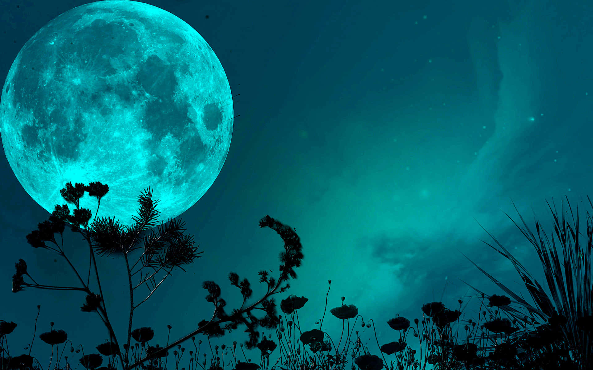 Blue Green Large Night Sky Moon, cyan moon, starry teal sky, Full HD Desktop Wallpaper