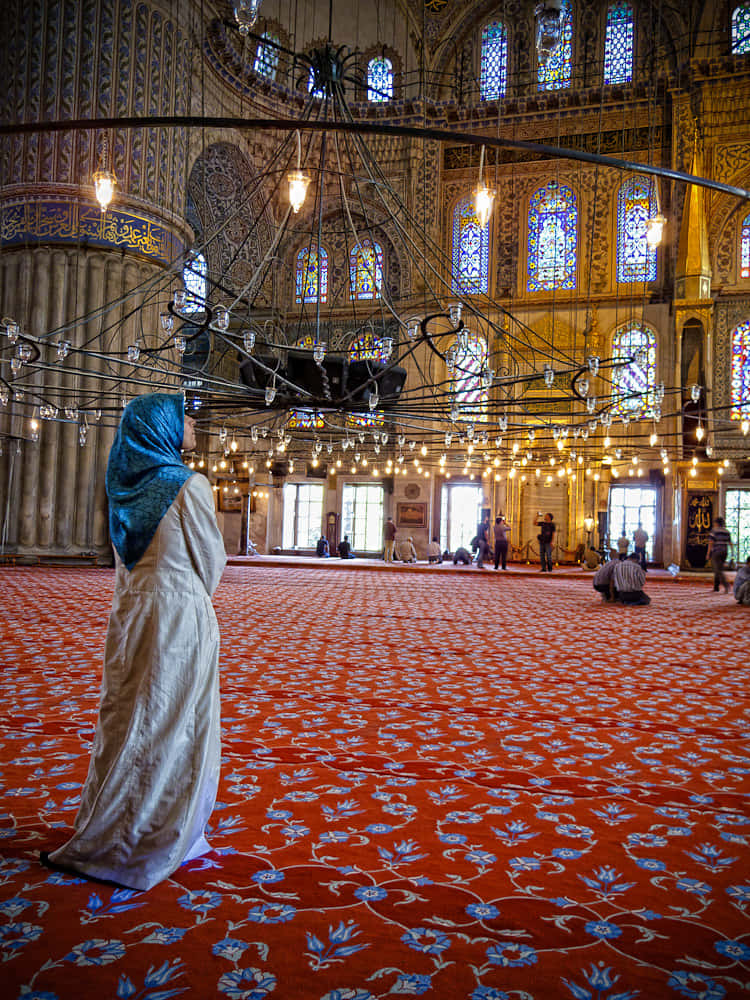 Blue Mosque, blue headscarf, red floral carpet, SD Phone Wallpaper