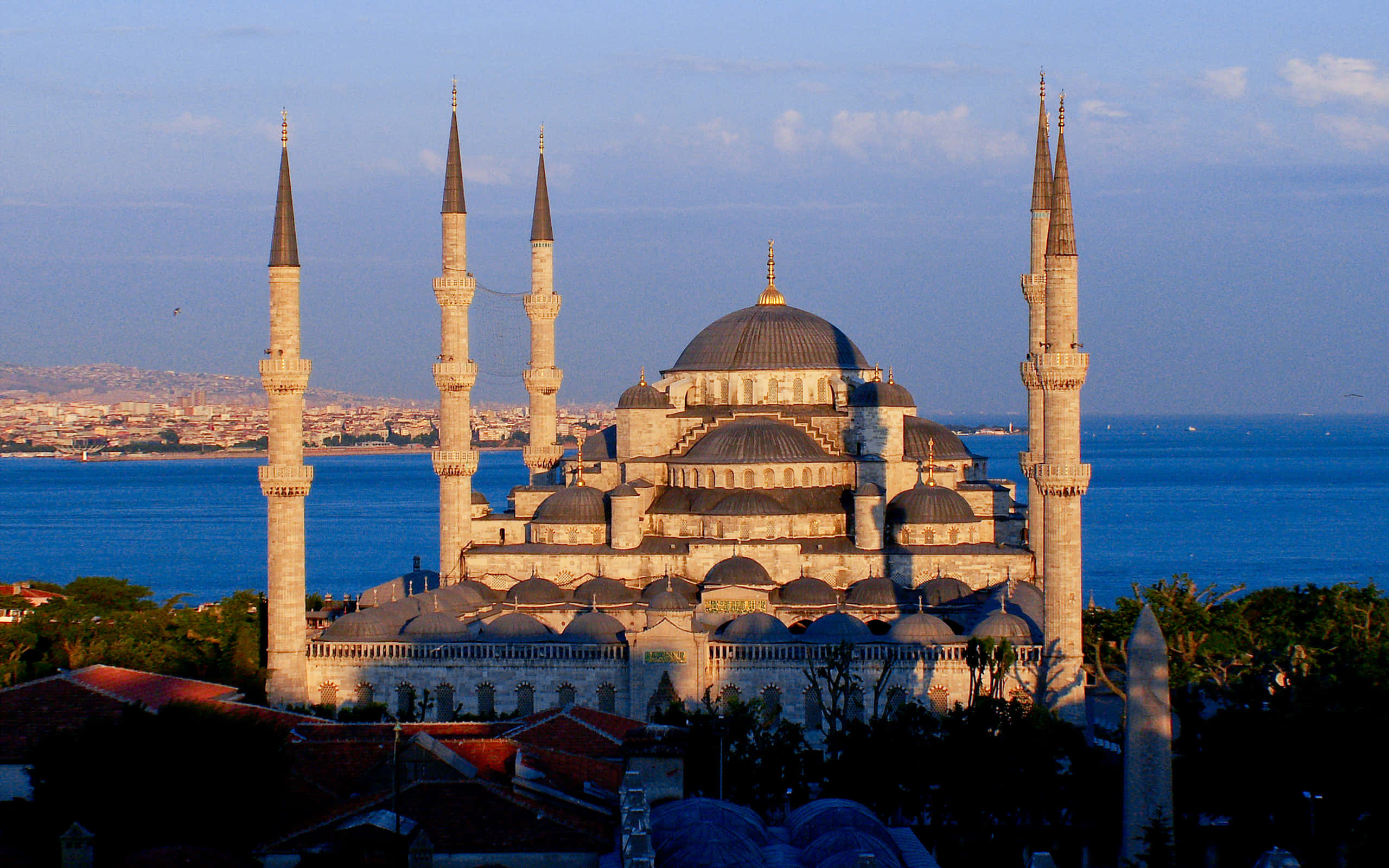 Blue Mosque, four minarets, sea, 2K Desktop Wallpaper