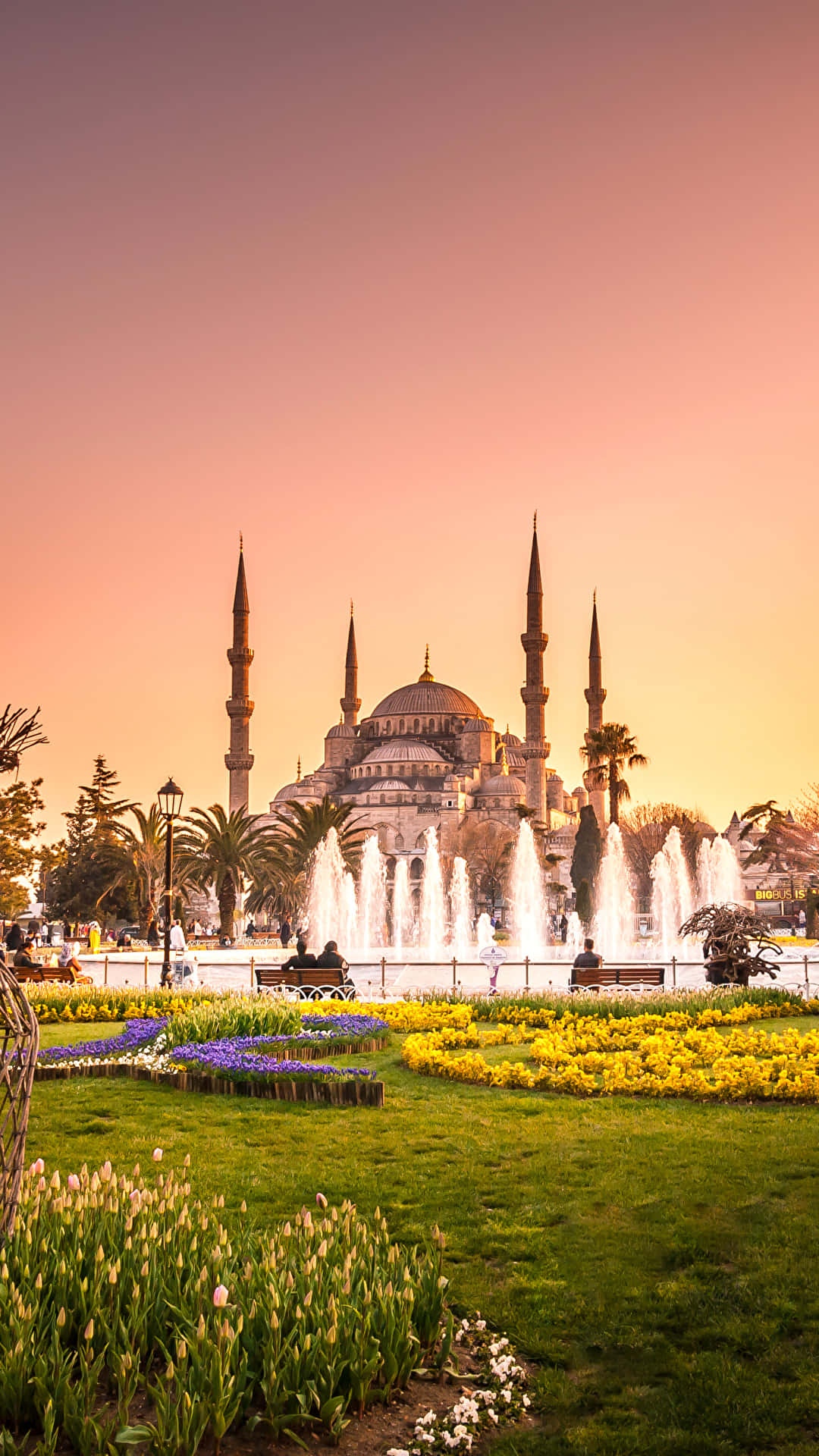 Blue Mosque, fountain, vibrant flowerbeds, Full HD Phone Wallpaper