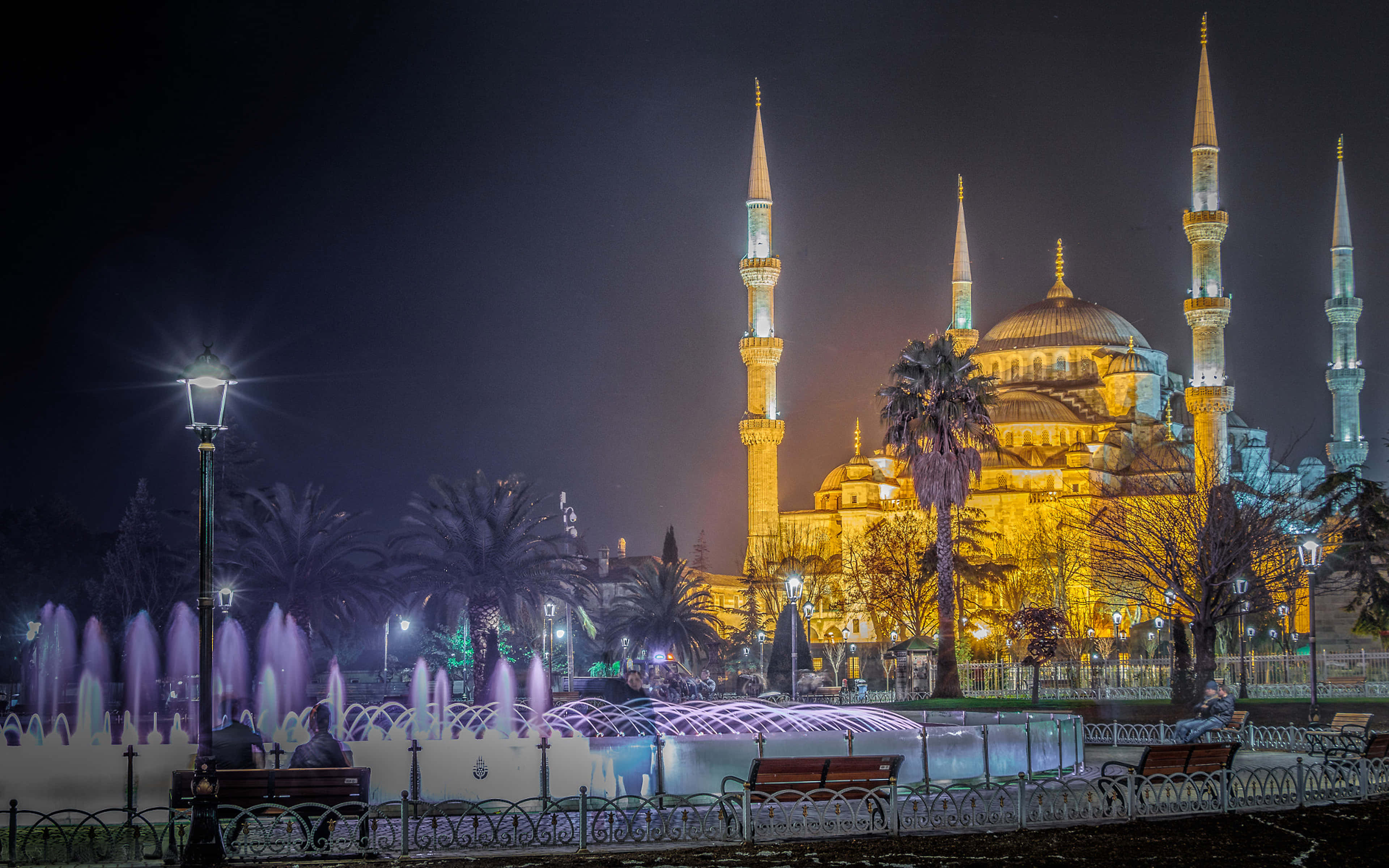 Blue Mosque, water fountain park, minarets, 4K Desktop Wallpaper