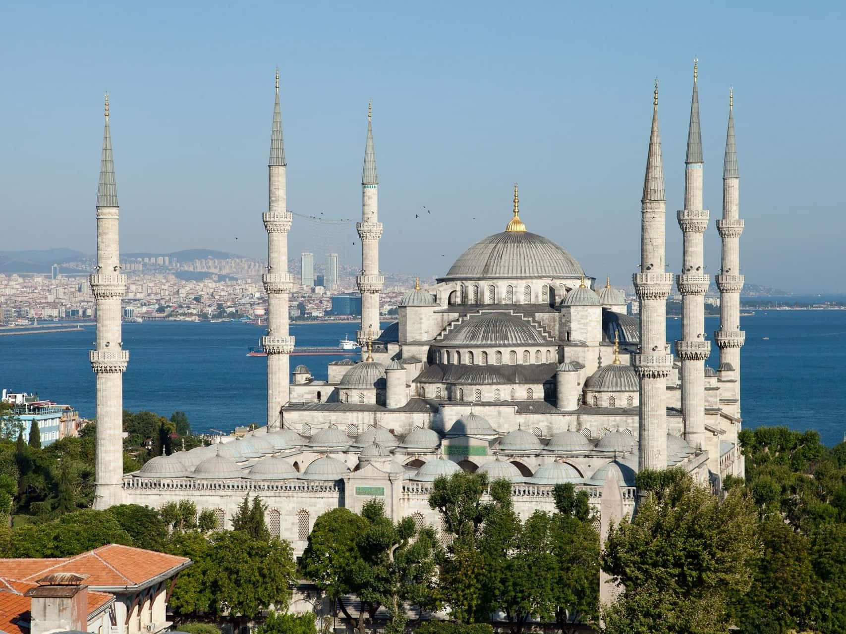 Blue Mosque, six minarets, sea, HD Desktop Wallpaper