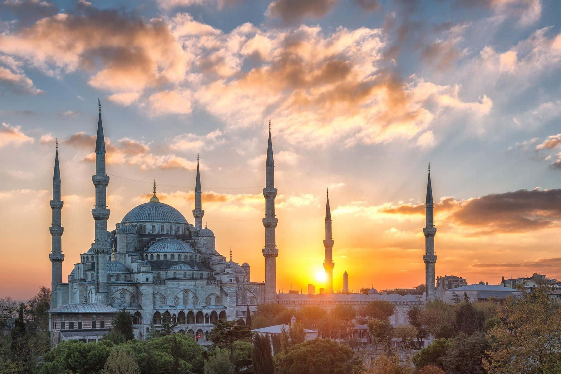 Blue Mosque, sunset, golden clouds, HD Desktop Wallpaper