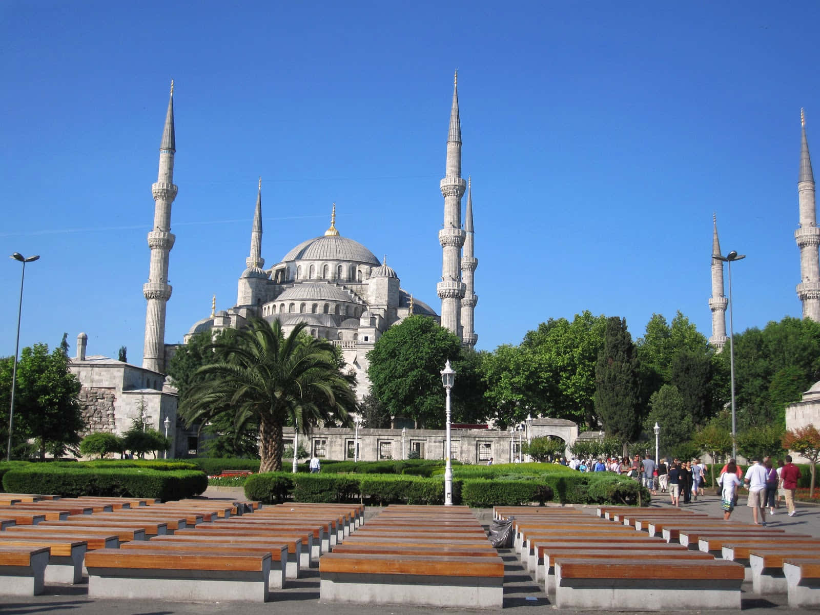 Blue Mosque, six minarets, clear blue sky, HD Desktop Wallpaper