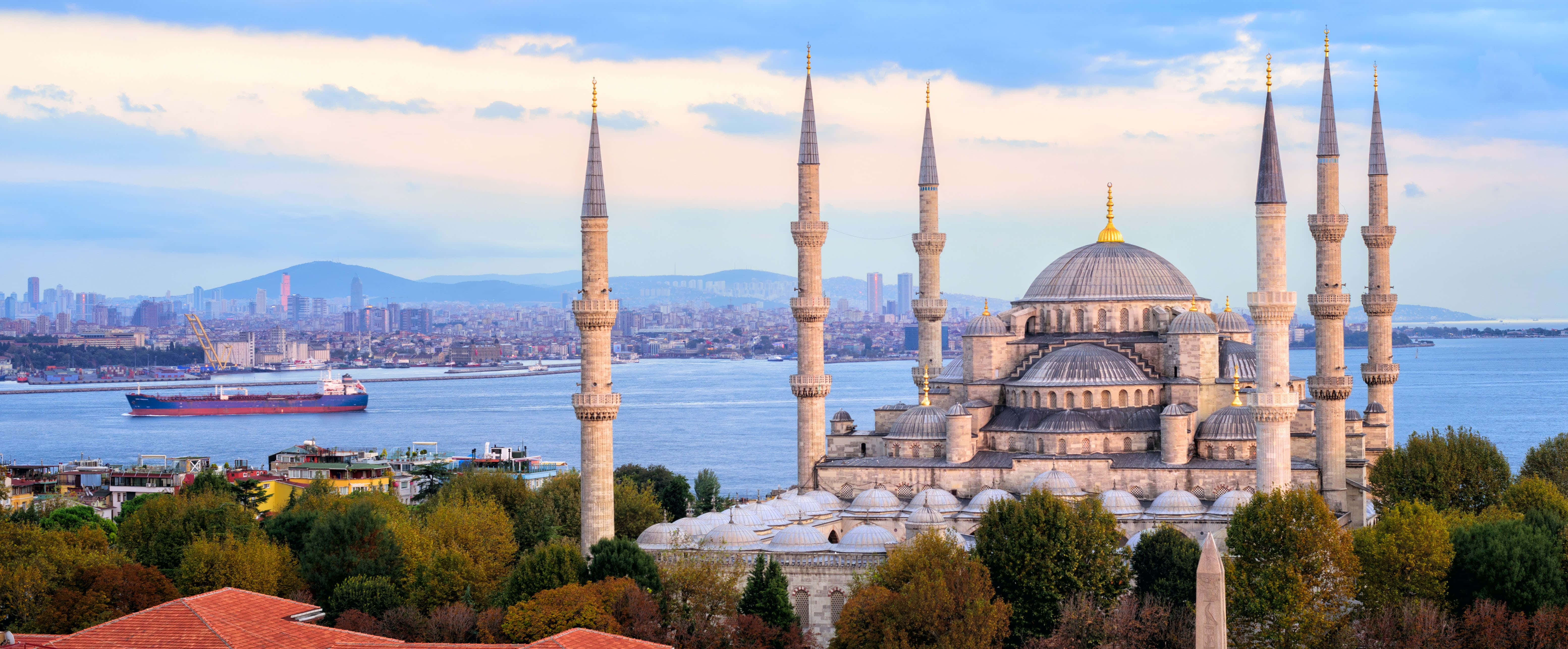 Blue Mosque, ocean, six minarets, 5K Desktop Wallpaper