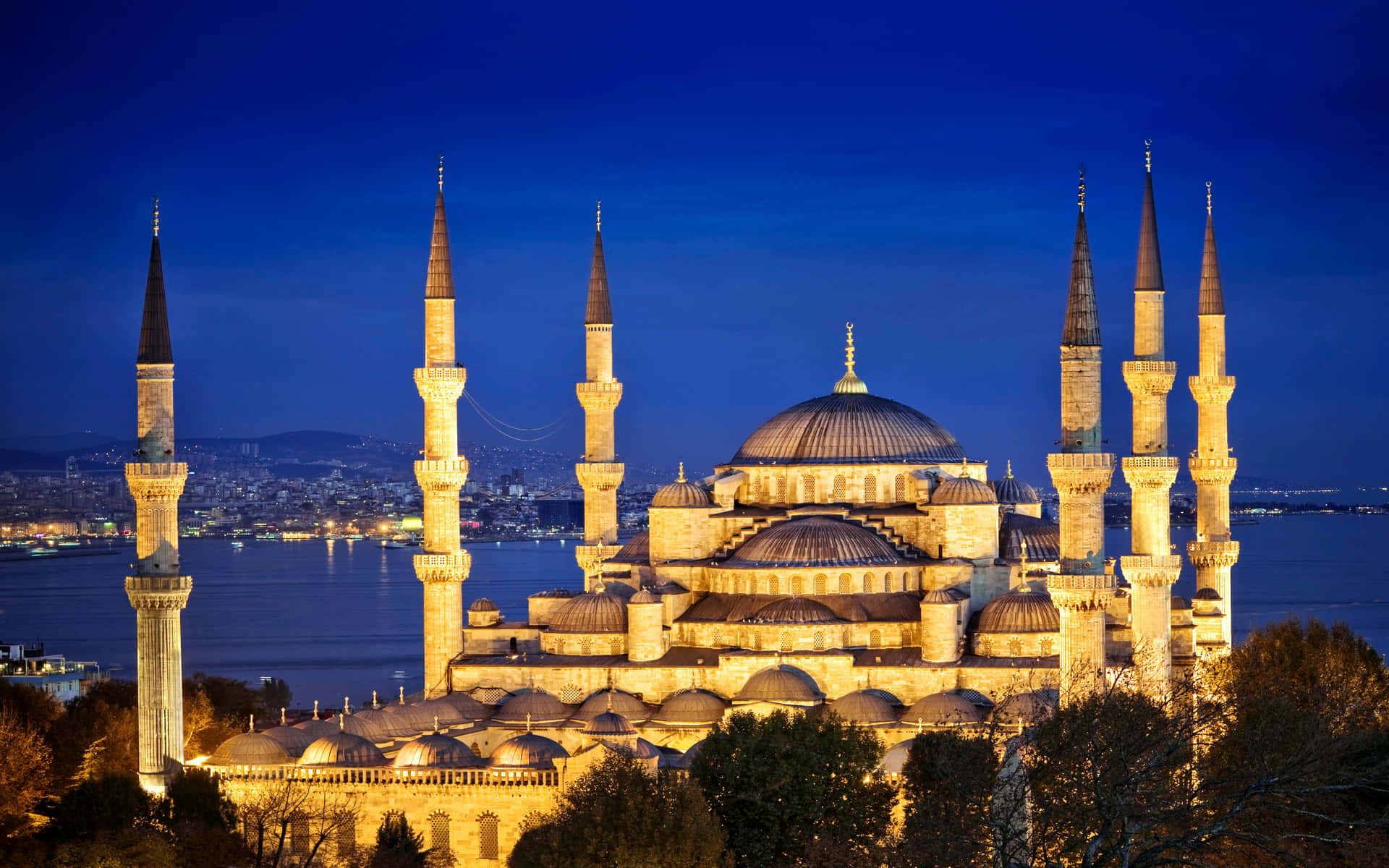 bright blue mosque, six minarets, twilight, Full HD Desktop Wallpaper