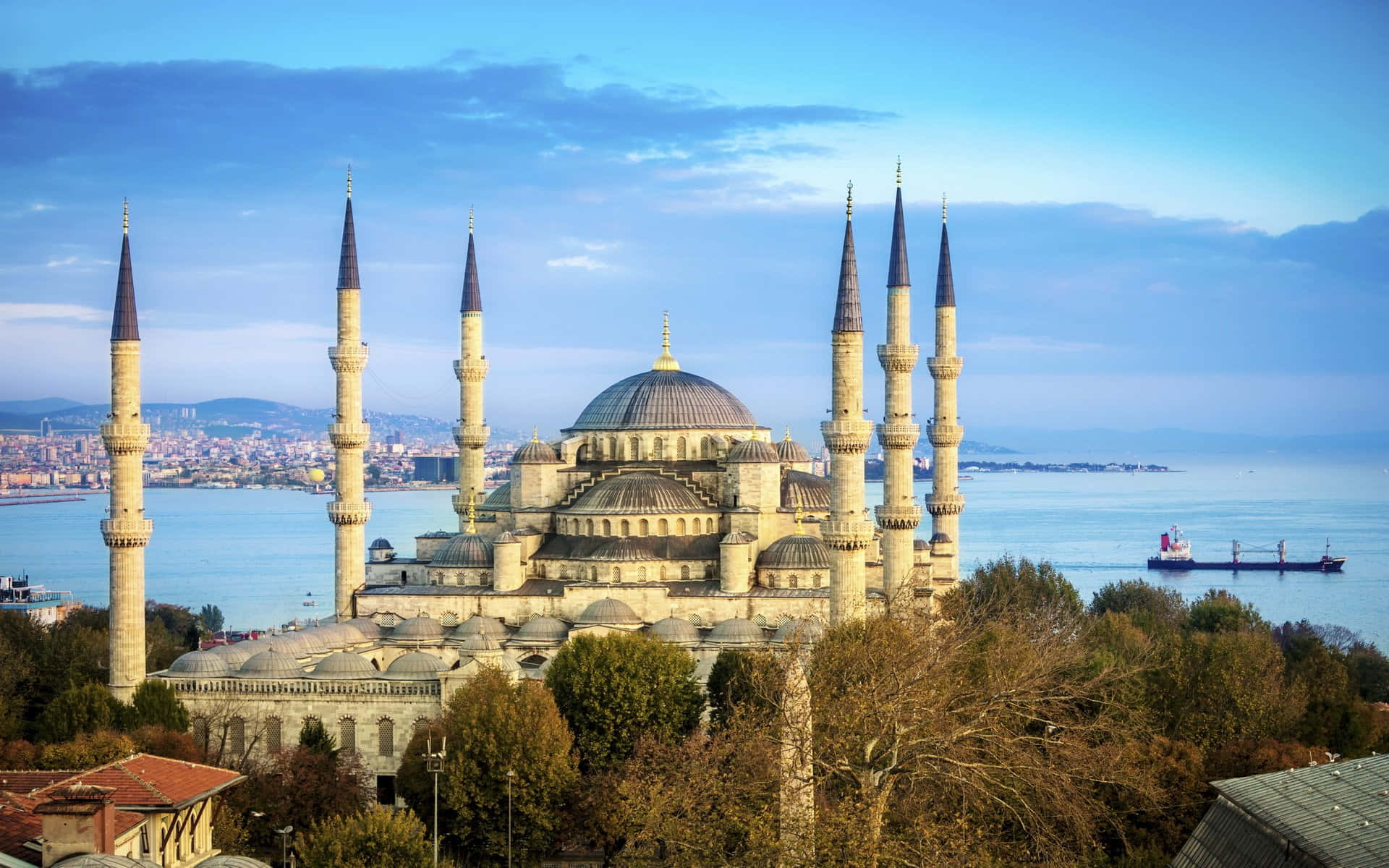 Blue Mosque, six minarets, water, Full HD Desktop Wallpaper