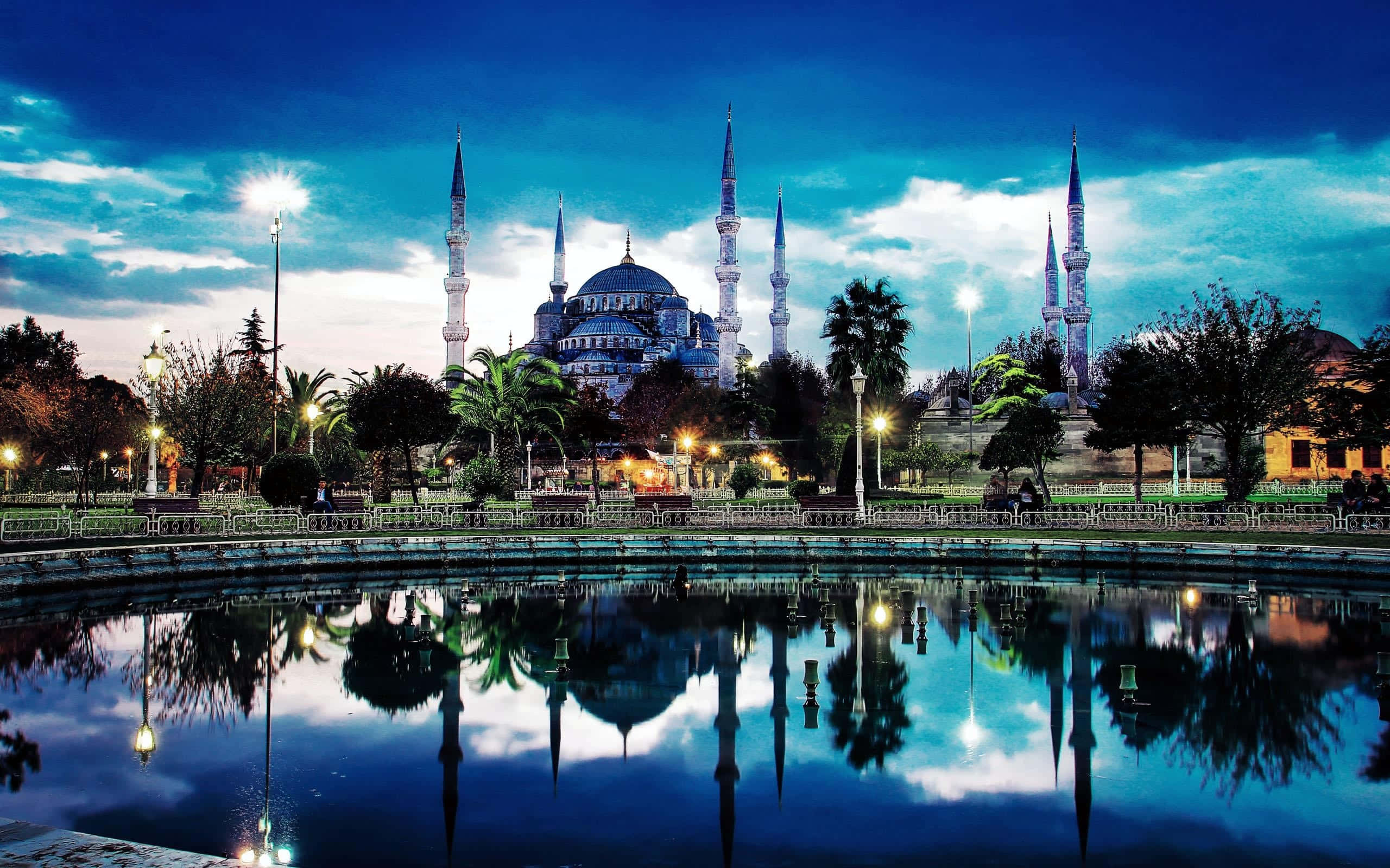 Blue Mosque, six minarets, calm pool, 2K Desktop Wallpaper