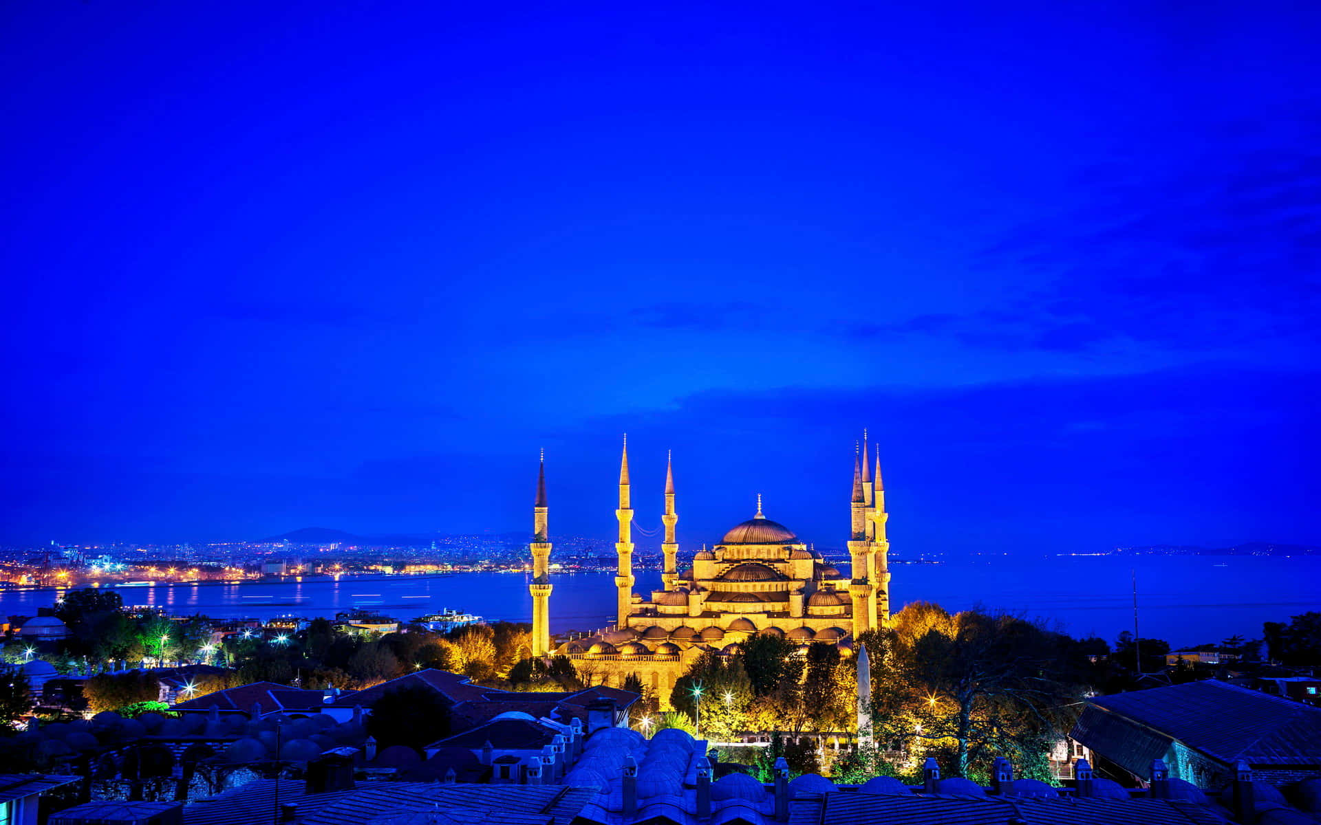 Blue Mosque, night, deep blue sky, Full HD Desktop Wallpaper