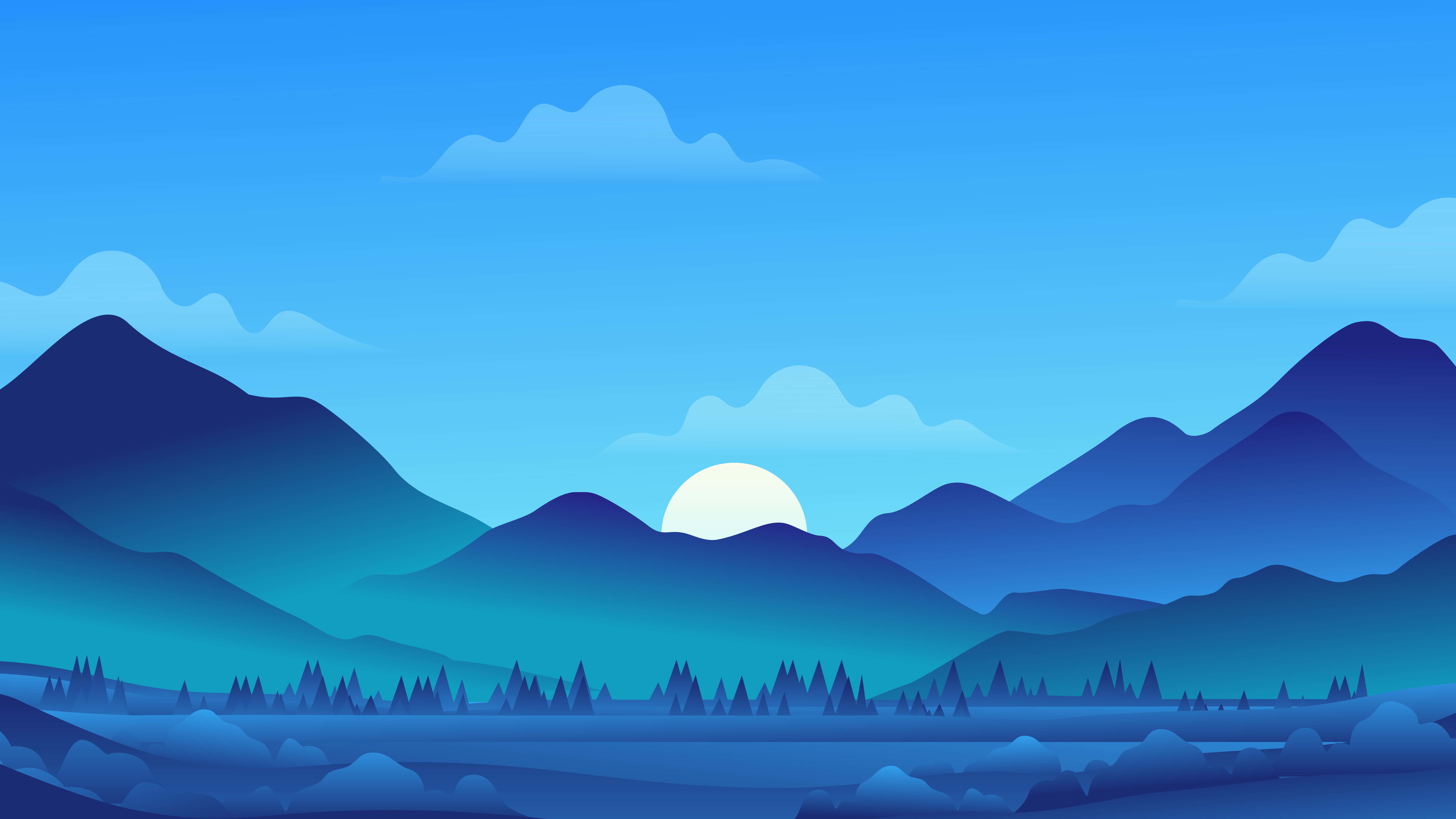 Blue Mountain, glowing sun, peaks, 8K Desktop Wallpaper