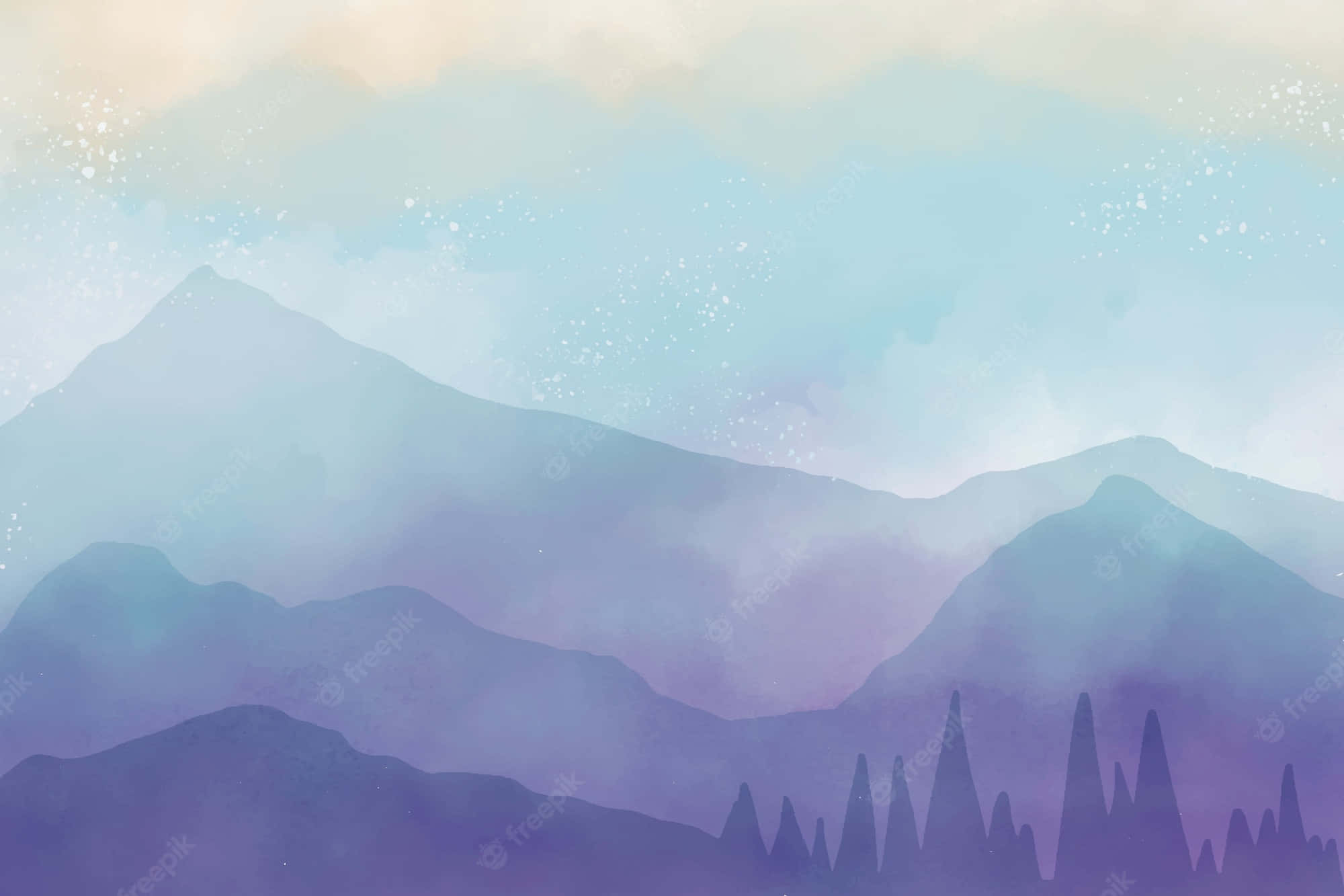 Blue Mountain, soft watercolor, misty purples, Full HD Desktop Wallpaper