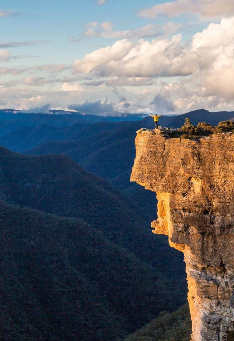 Blue Mountains National Park, yellow jacket, sunlit cliff edge, SD Phone Wallpaper