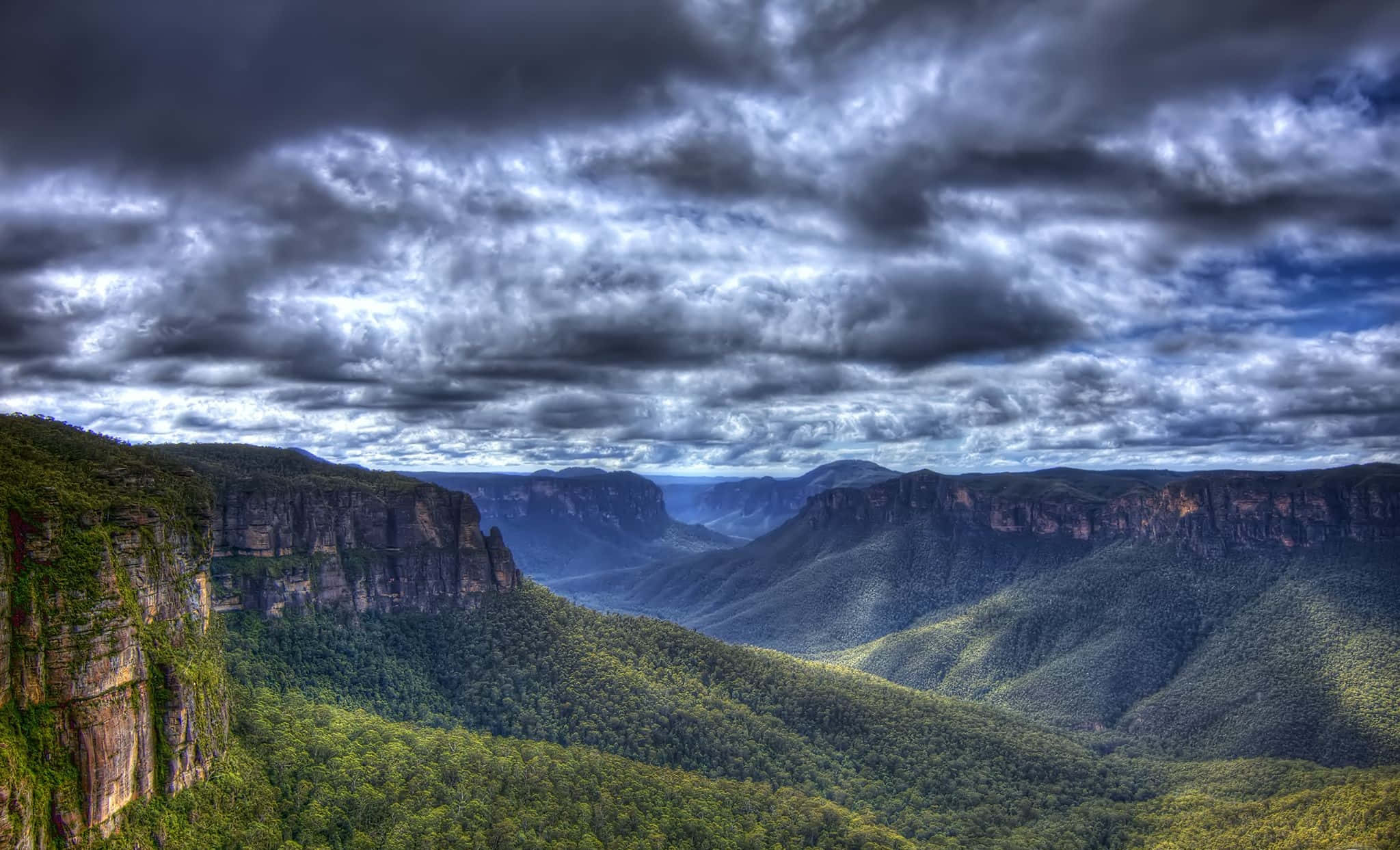 Blue Mountains National Park, storm clouds, green valley, Full HD Desktop Wallpaper