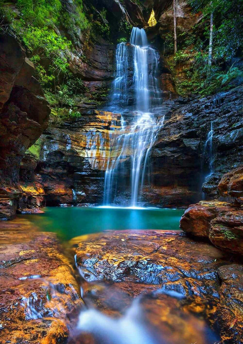 Blue Mountains, misty dawn, cascading waterfall, HD Phone Wallpaper