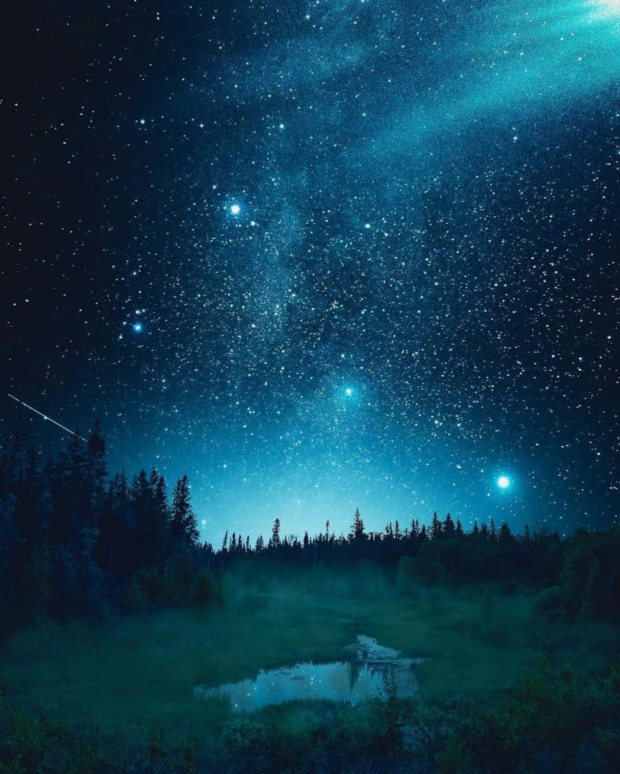 Blue Mountains, starry night sky, glowing nebula, SD Phone Wallpaper