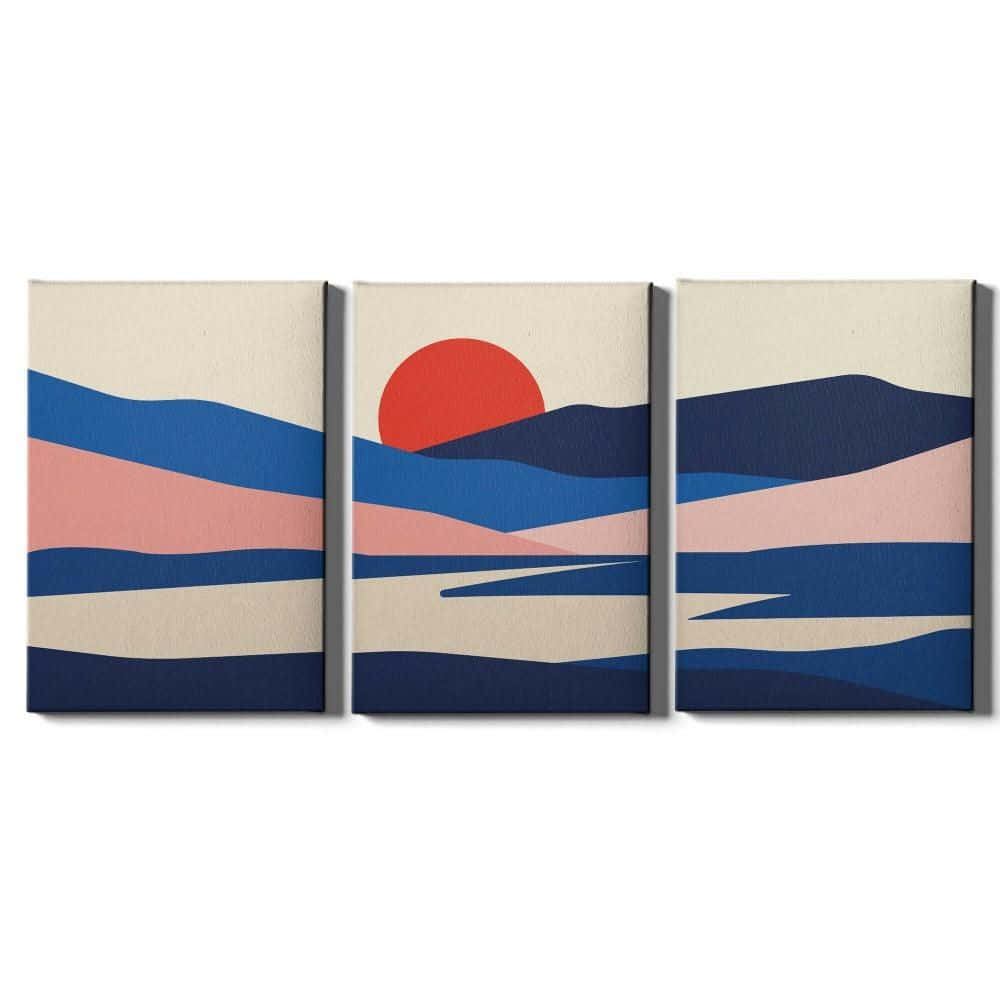 Blue Mountains, blue pink and beige, red sun, SD Desktop Wallpaper
