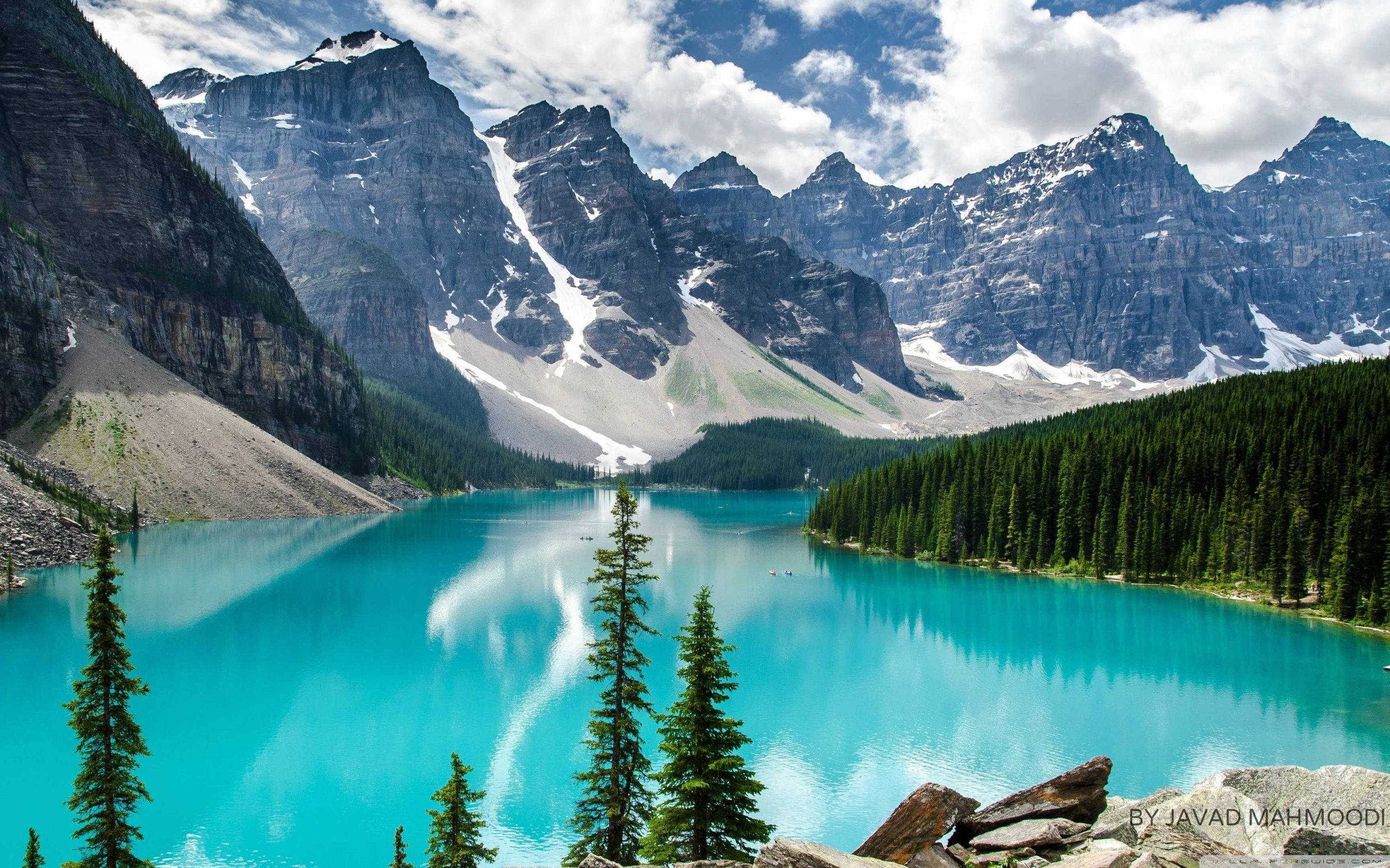 turquoise lake, snow-capped mountains, fluffy clouds, 2K Desktop Wallpaper
