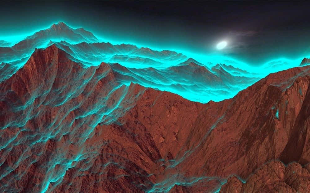 Blue Mountains, glowing turquoise energy, jagged red peaks, SD Desktop Wallpaper