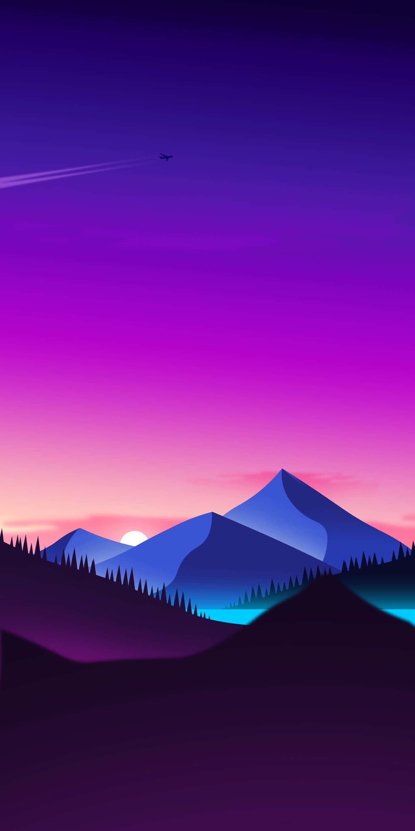 Blue Mountains, vibrant purple and pink sunset sky, lone airplane, 2K Phone Wallpaper