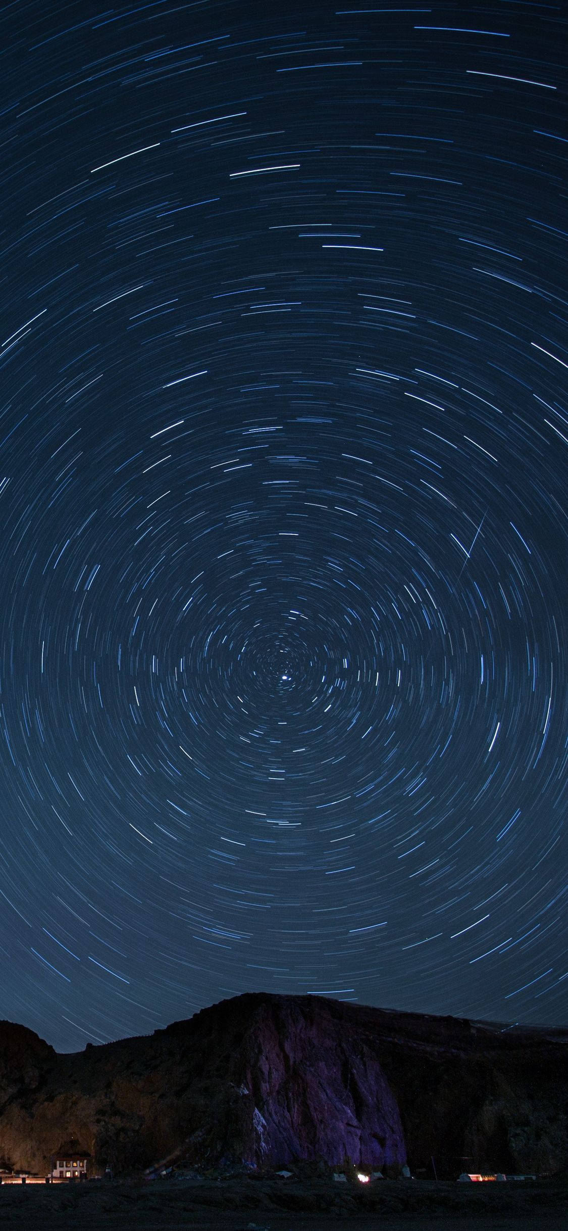 mountain silhouette, celestial pole, star trails, Full HD Phone Wallpaper