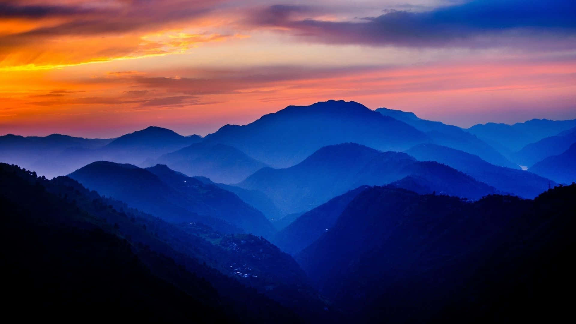 blue mountain ranges, vibrant orange sunset clouds, pink sunset clouds, Full HD Desktop Wallpaper