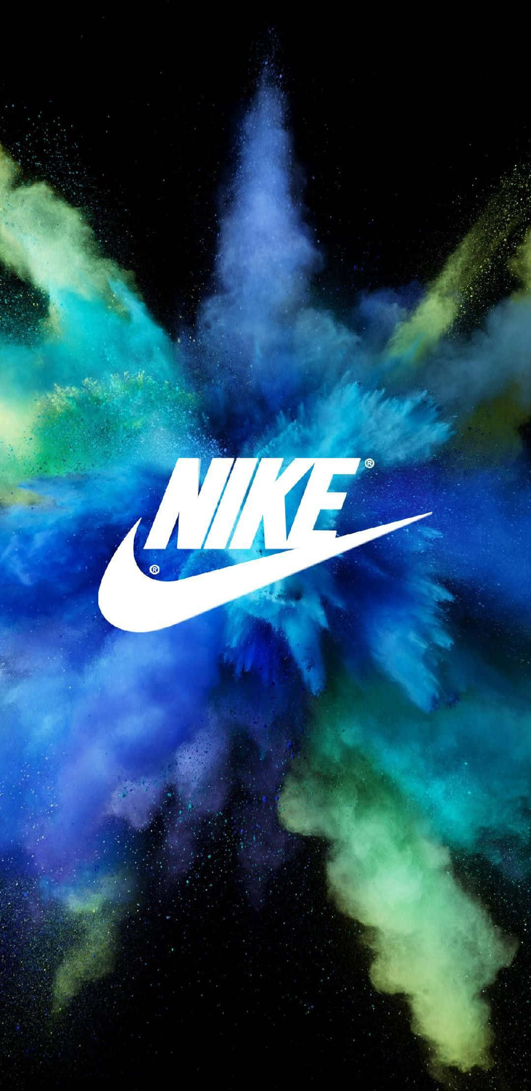 Nike logo, black background, blue green and yellow powder, Full HD Phone Wallpaper