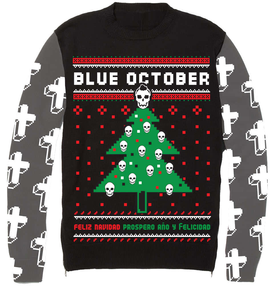 Blue October, black holiday sweater, green skull-adorned Christmas tree, SD Phone Wallpaper