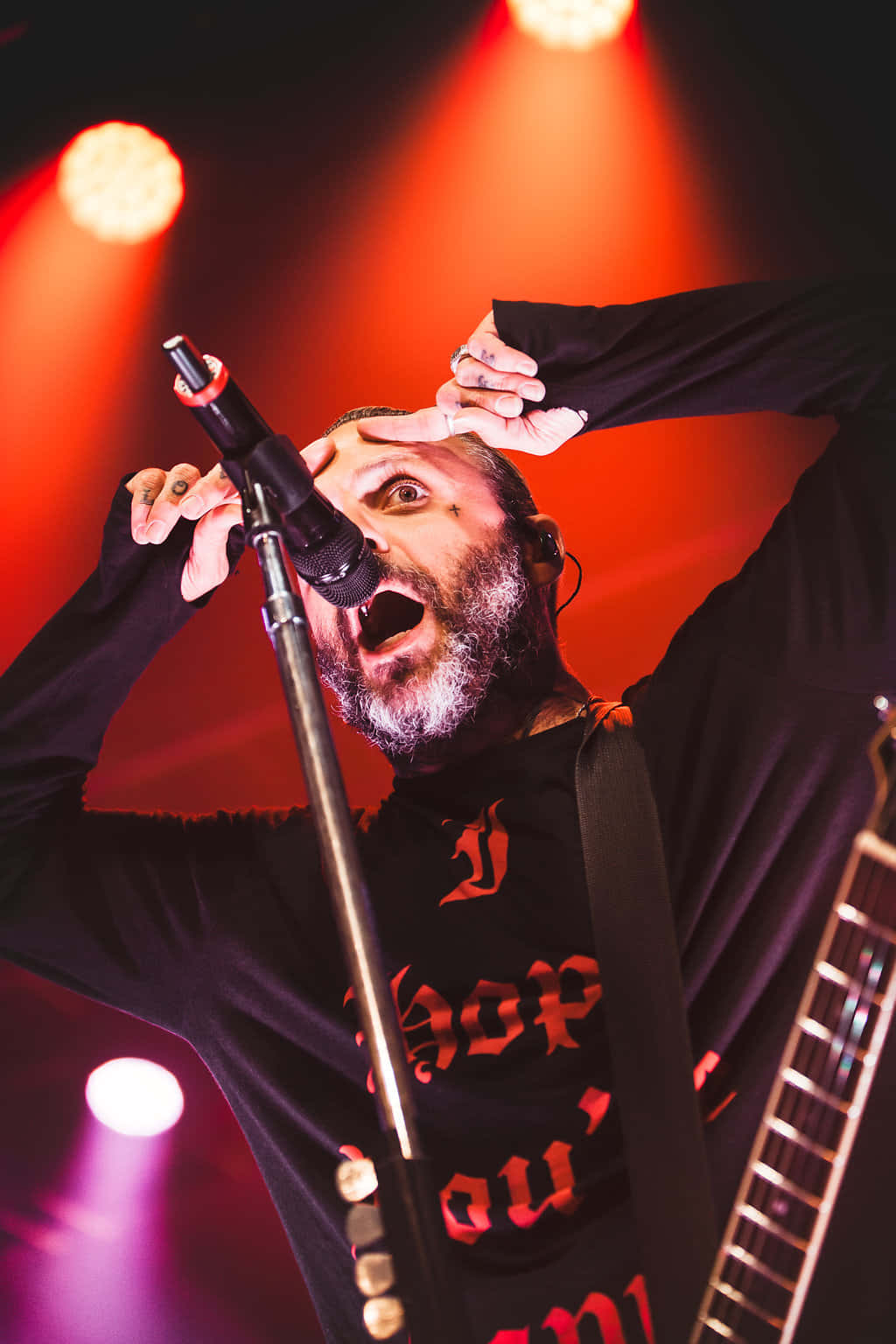 Blue October, red stage lights, bearded rock singer, HD Phone Wallpaper