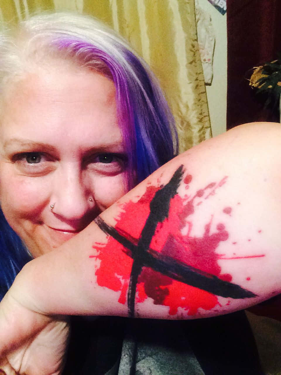 Blue October, purple and blue hair, red and black splatter tattoo, HD Phone Wallpaper