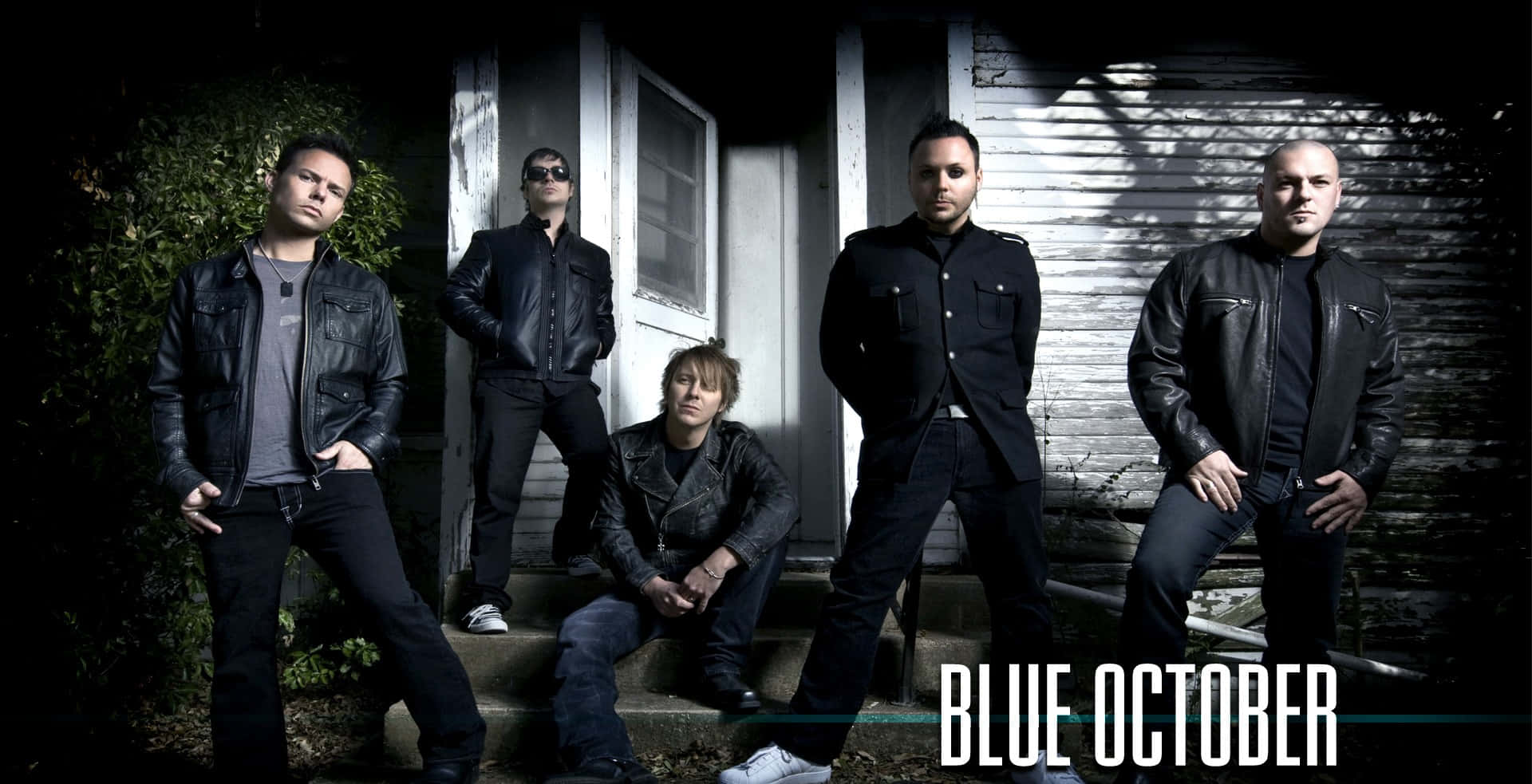 Blue October, black leather jackets, weathered porch steps, Full HD Desktop Wallpaper