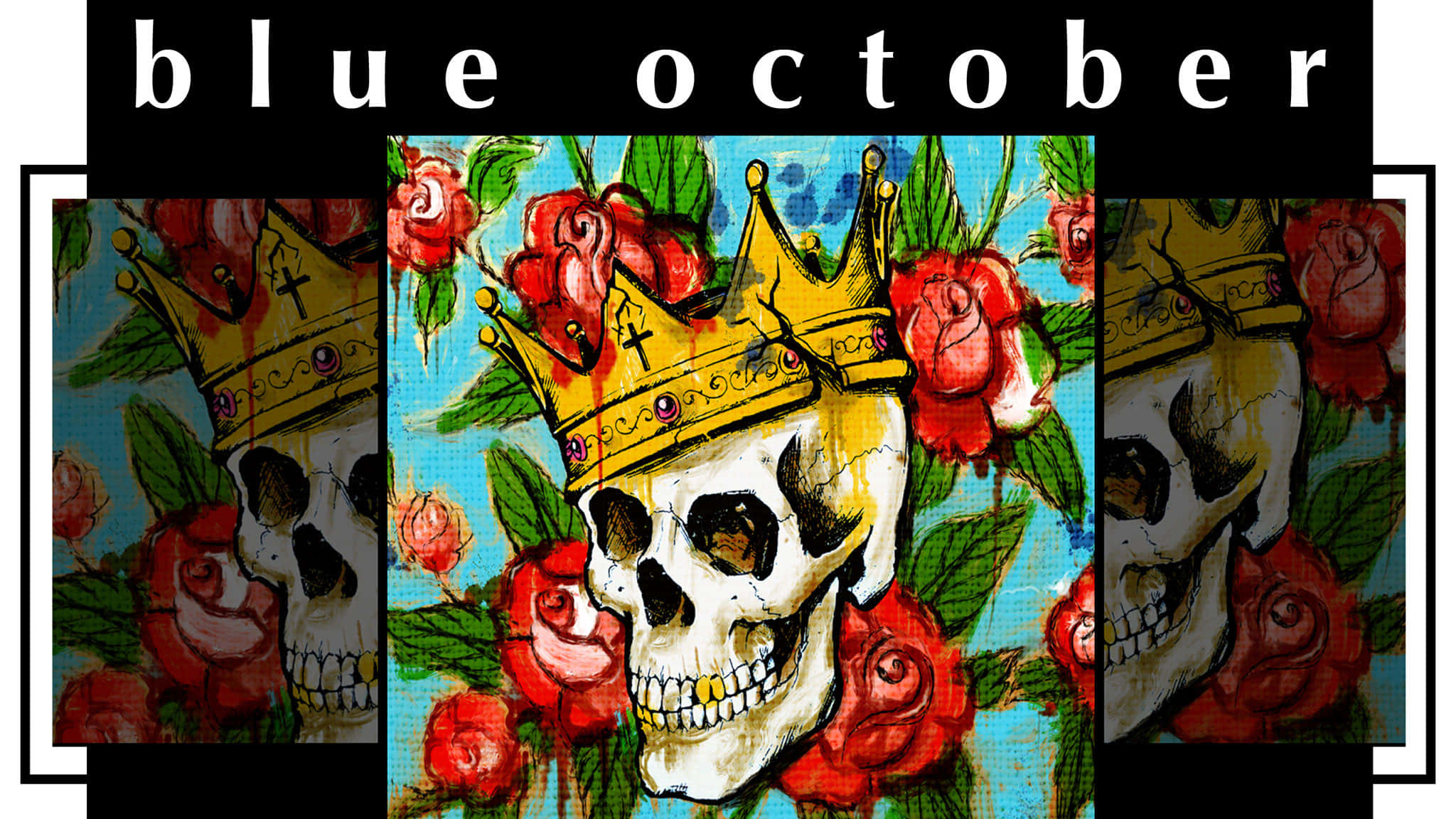 Blue October, crowned skull, red roses, Full HD Desktop Wallpaper