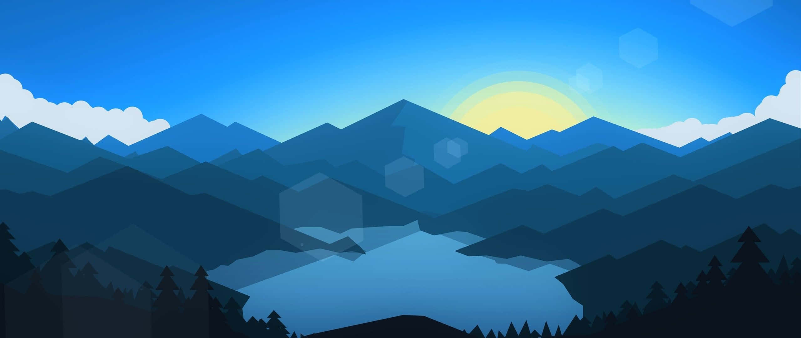 mountain lake scene, sunrise, layered blue peaks, 2K Desktop Wallpaper
