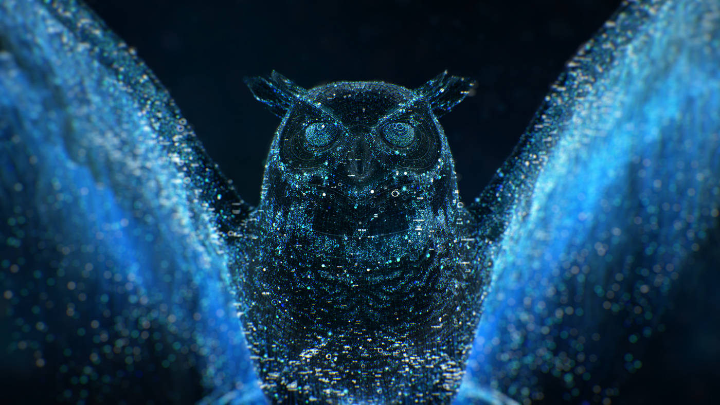 Blue Owl, glowing blue particles, dark cosmic backdrop, HD Desktop Wallpaper