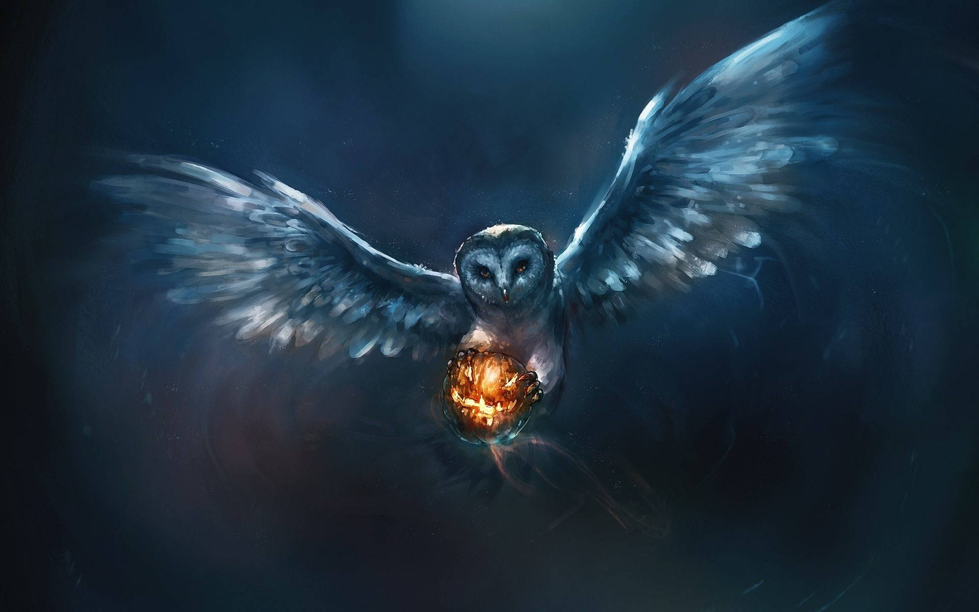 Blue Owl, pumpkin, glowing orb, Full HD Desktop Wallpaper