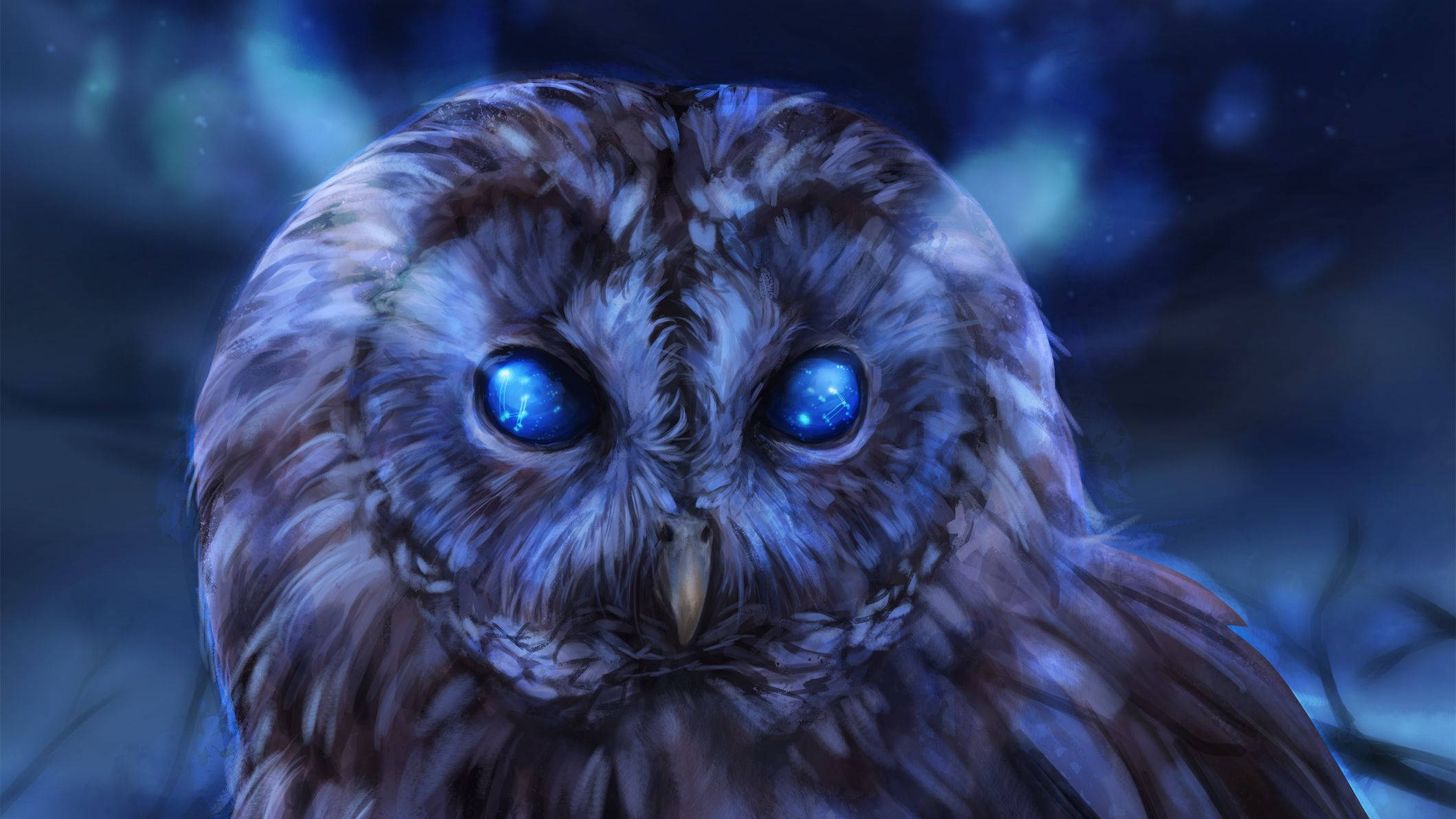 Blue Owl, glowing blue eyes, dark blue night sky, Full HD Desktop Wallpaper