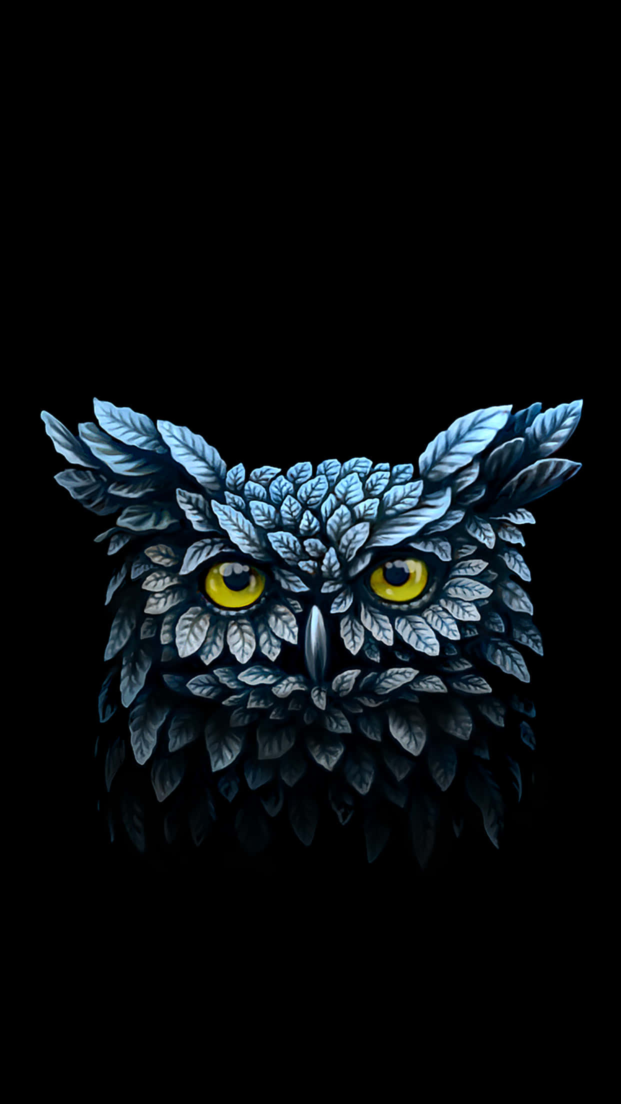 owl phone, blue leaves, glowing yellow eyes, Full HD Phone Wallpaper