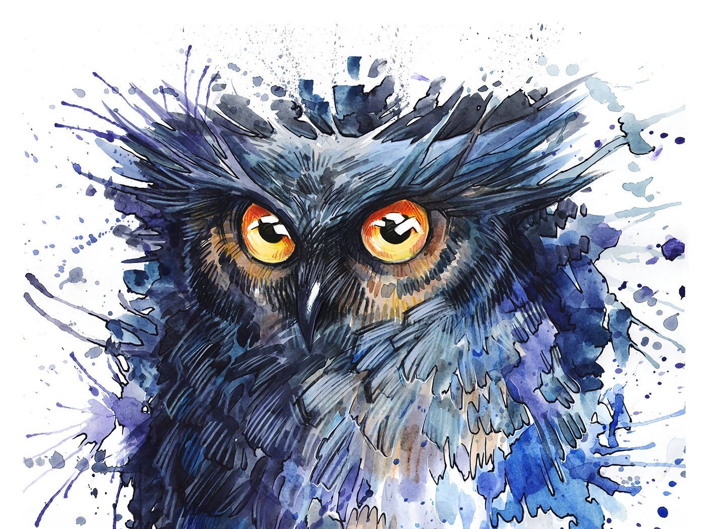 Blue Owl, watercolor owl, piercing orange eyes, HD Desktop Wallpaper