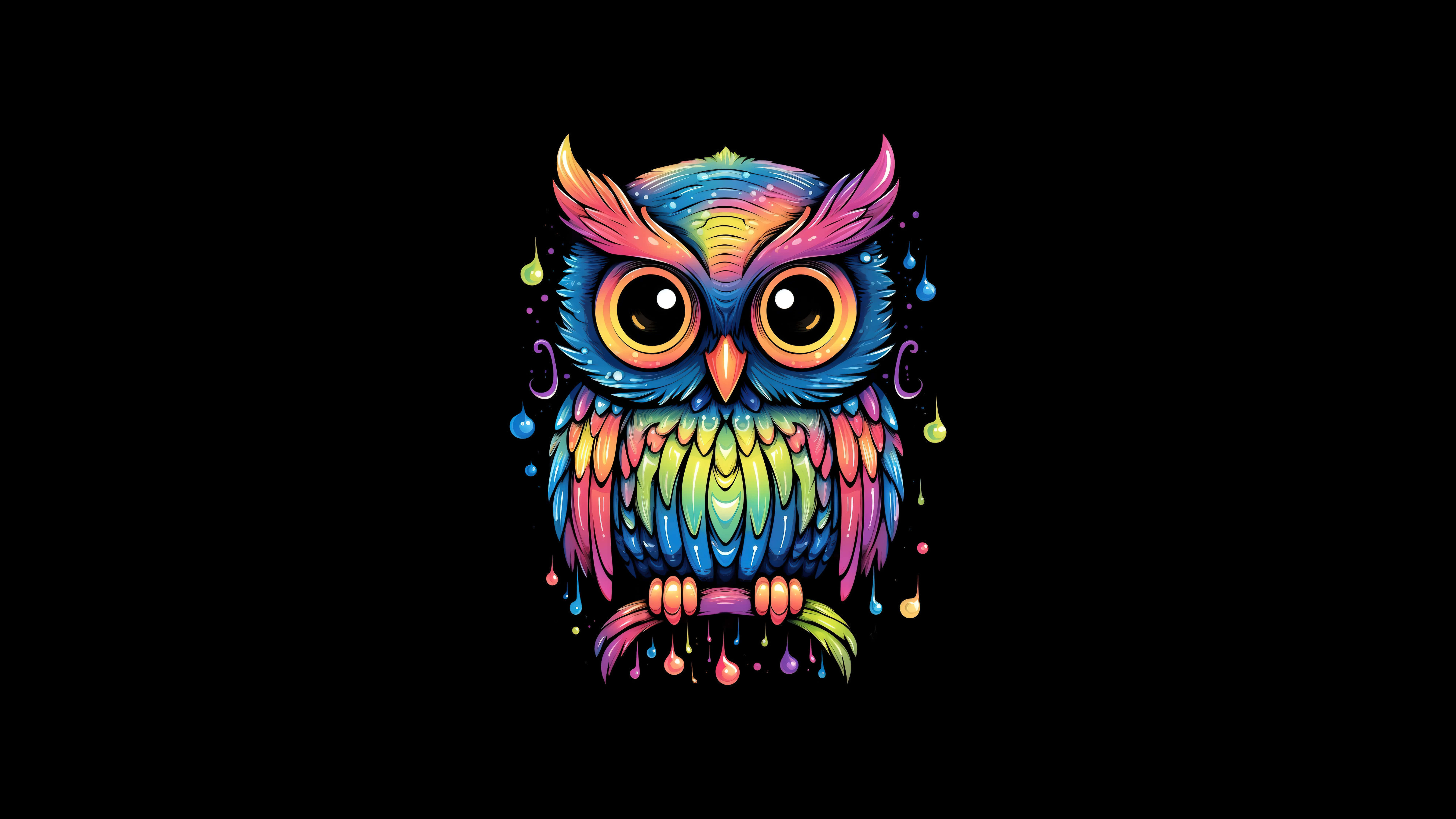 neon owl, rainbow feathers, glowing eyes, 8K Desktop Wallpaper