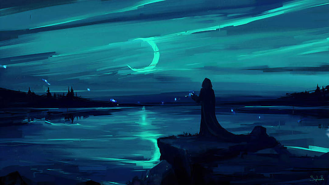cloaked man, midnight blue, rocky shore, SD Desktop Wallpaper